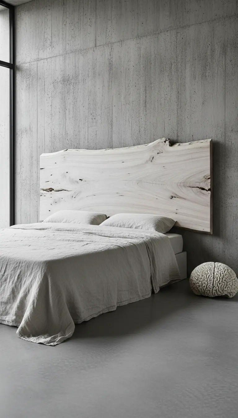 Letto con testiera in legno sbiancato a bordo vivo contro una parete di cemento grezzo.