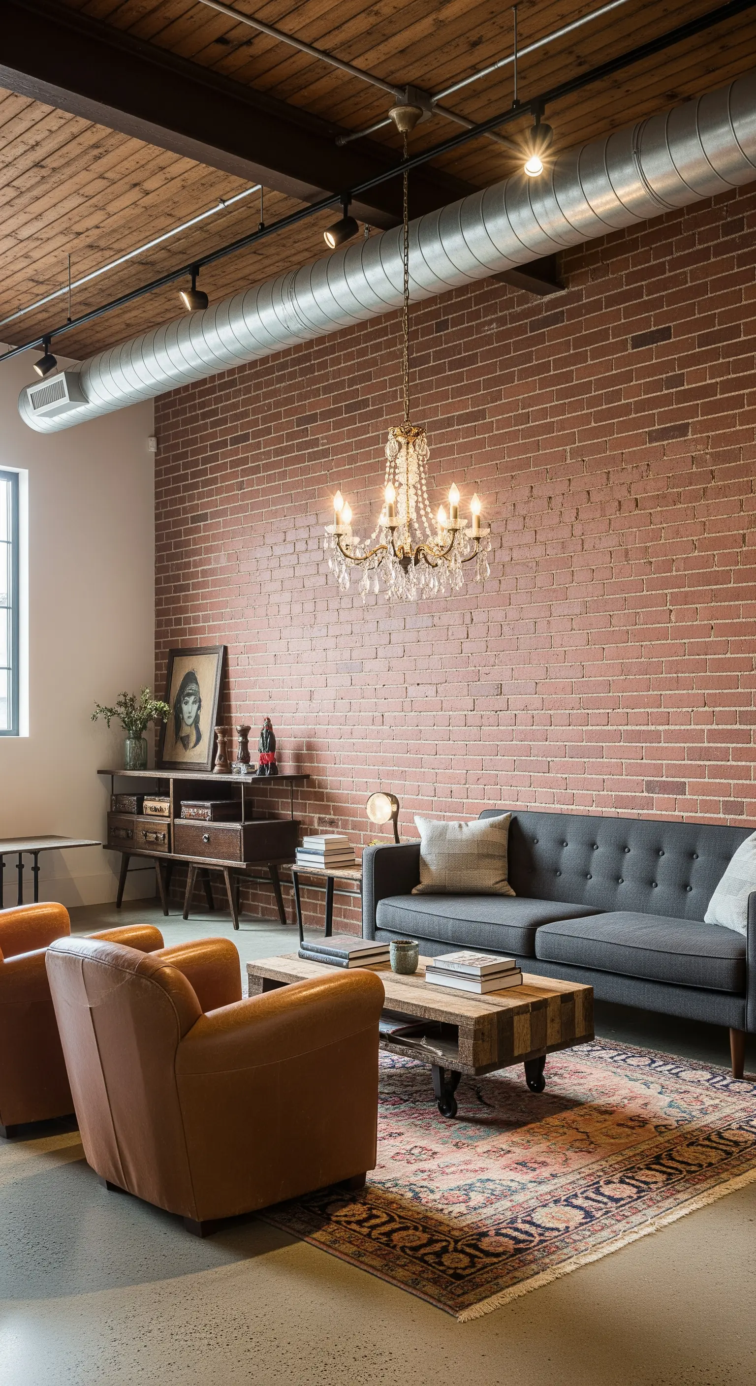 Salotto industrial-chic con parete in mattoni, divano grigio e un lampadario di cristallo d'epoca.