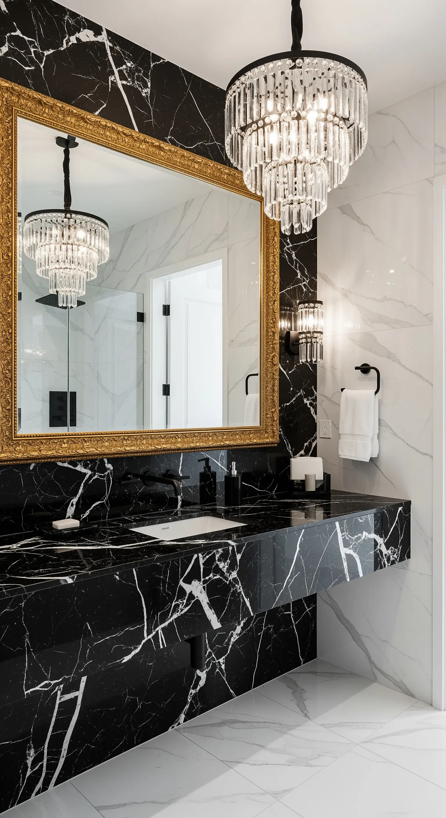 Bagno d'impatto con lavabo in marmo nero, specchio con cornice dorata e pareti in marmo bianco.