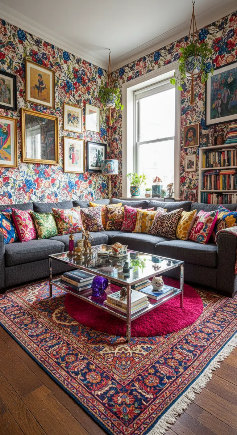 Soggiorno massimalista con carta da parati floreale, tappeto persiano e cuscini di vari pattern.