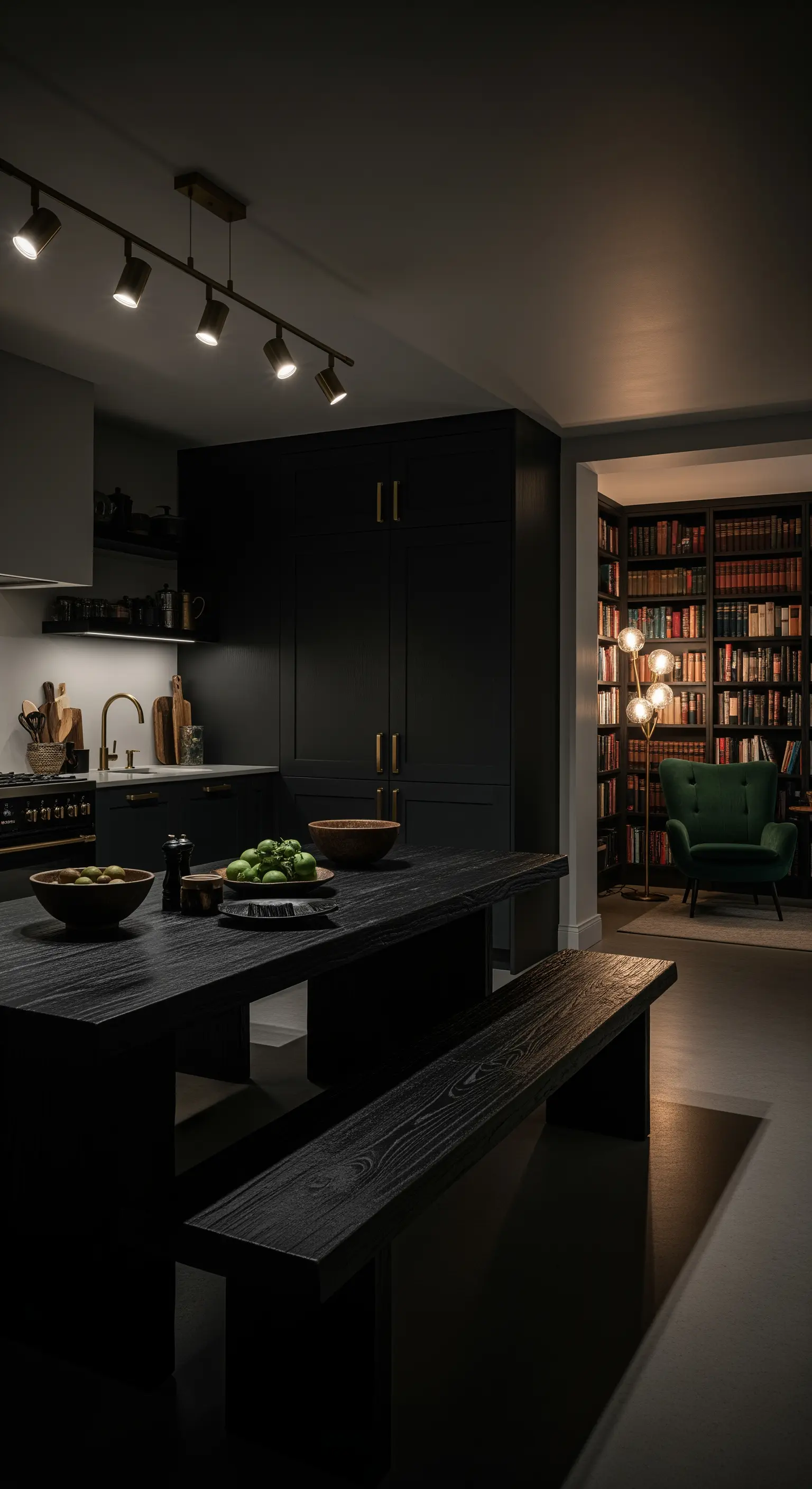 Cucina total black con tavolo e panche nere, e vista su una biblioteca adiacente.
