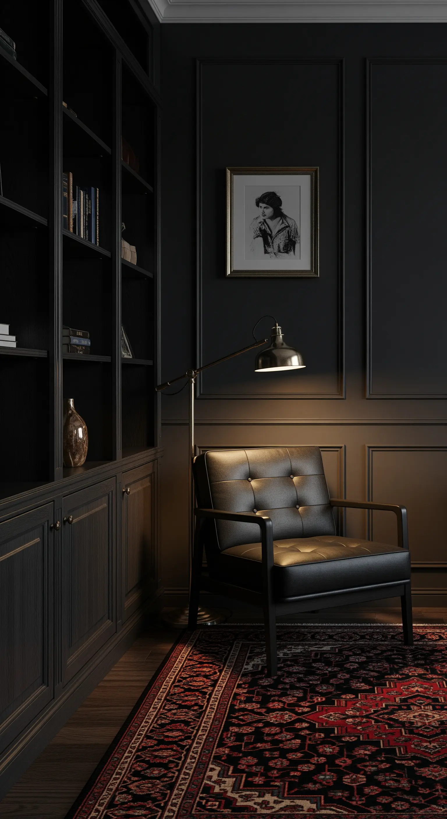 Interno scuro e sofisticato con libreria e pareti nere, poltrona in pelle e lampada in ottone.
