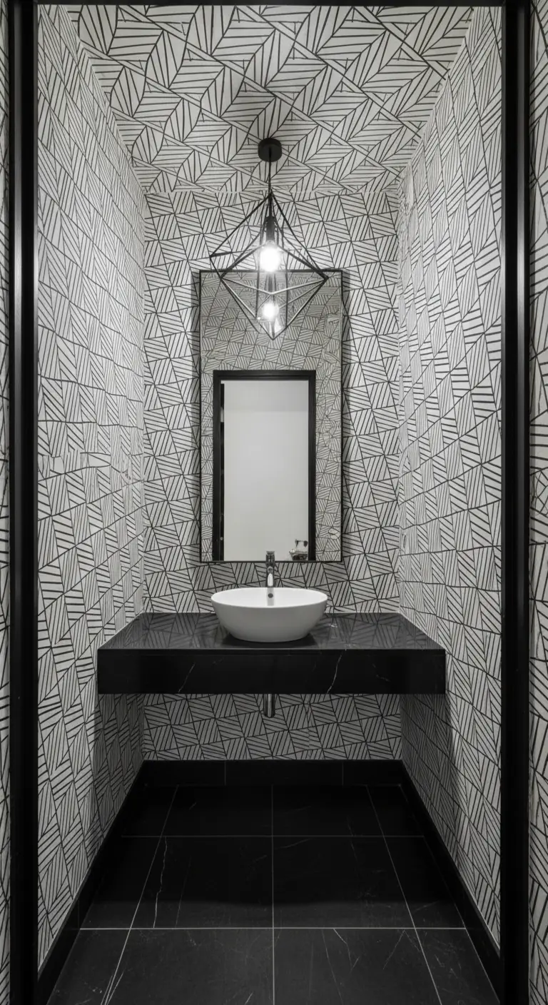 Piccolo bagno con carta da parati geometrica in bianco e nero su tutte le pareti.