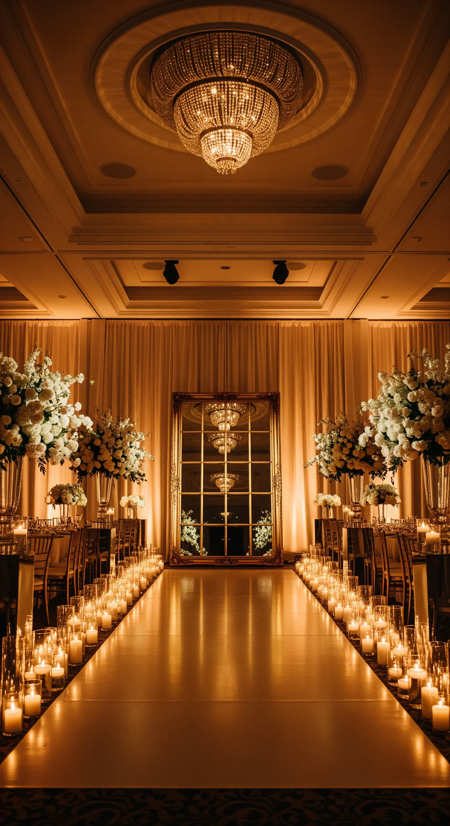 Lungo corridoio di un salone per eventi fiancheggiato da centinaia di candele accese.