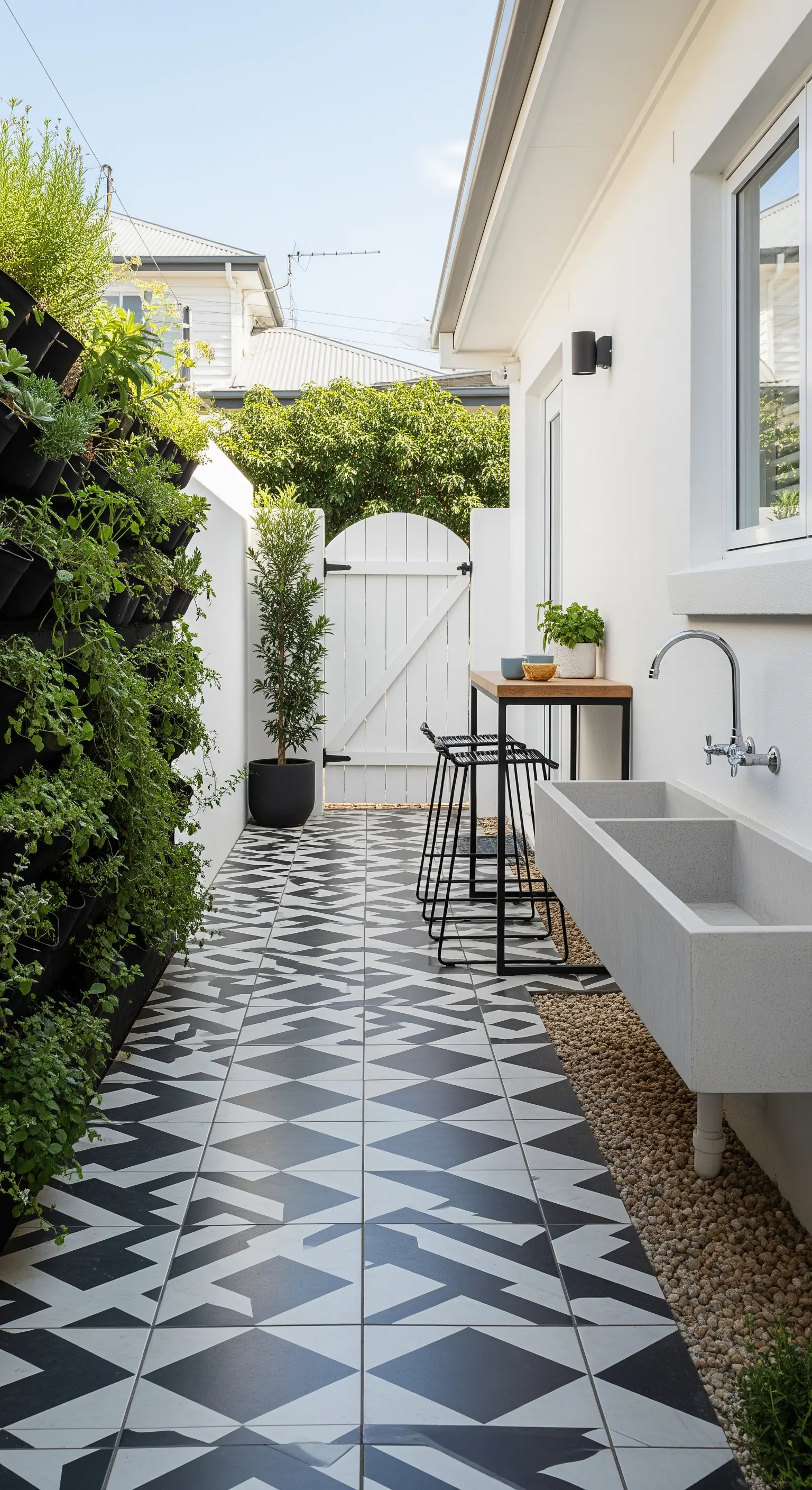 Stretto passaggio esterno con piastrelle geometriche bianche e nere e un giardino verticale a parete