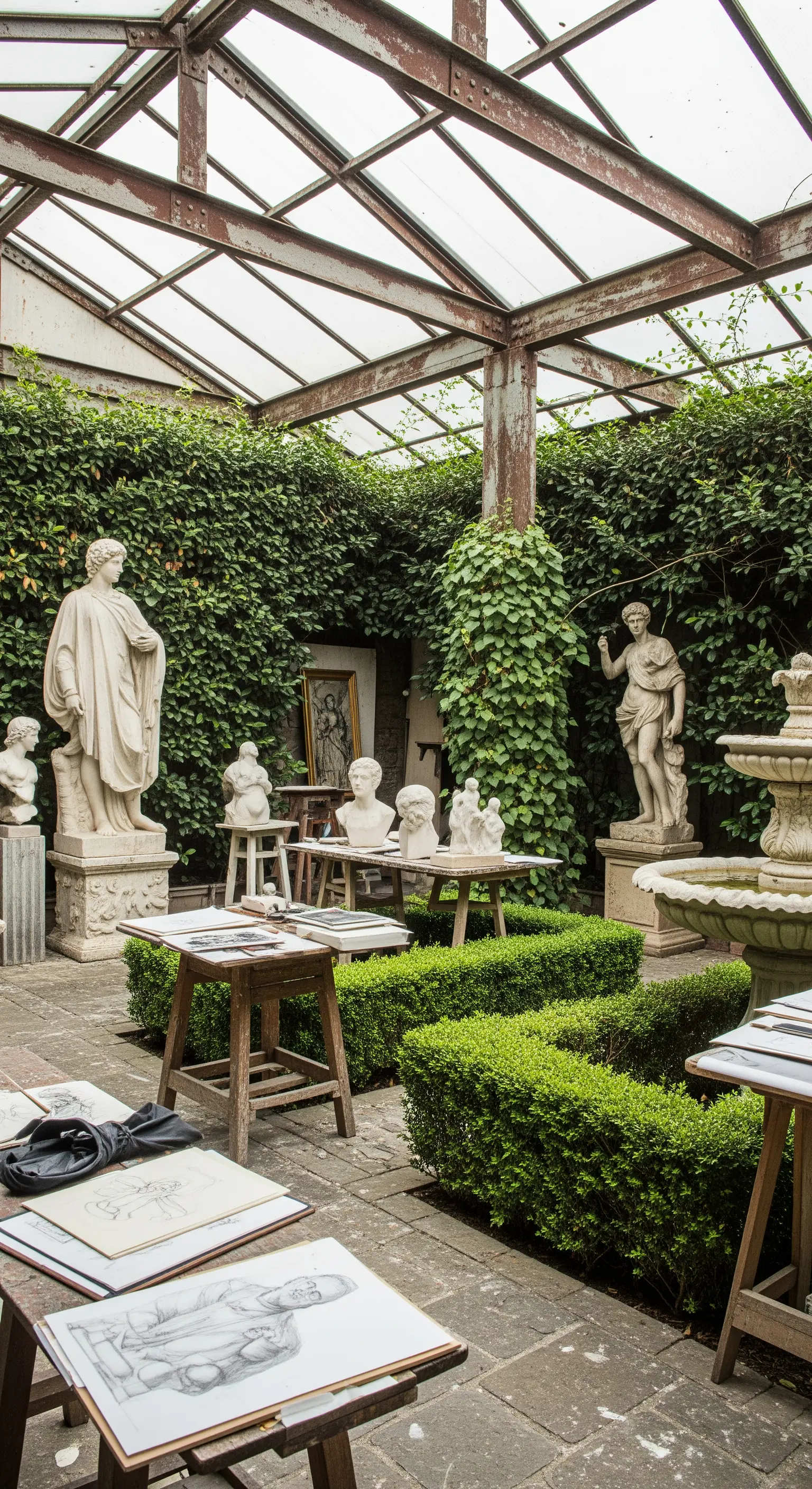 Cortile adibito a studio di scultura all'aperto con statue, busti e tavoli da disegno.