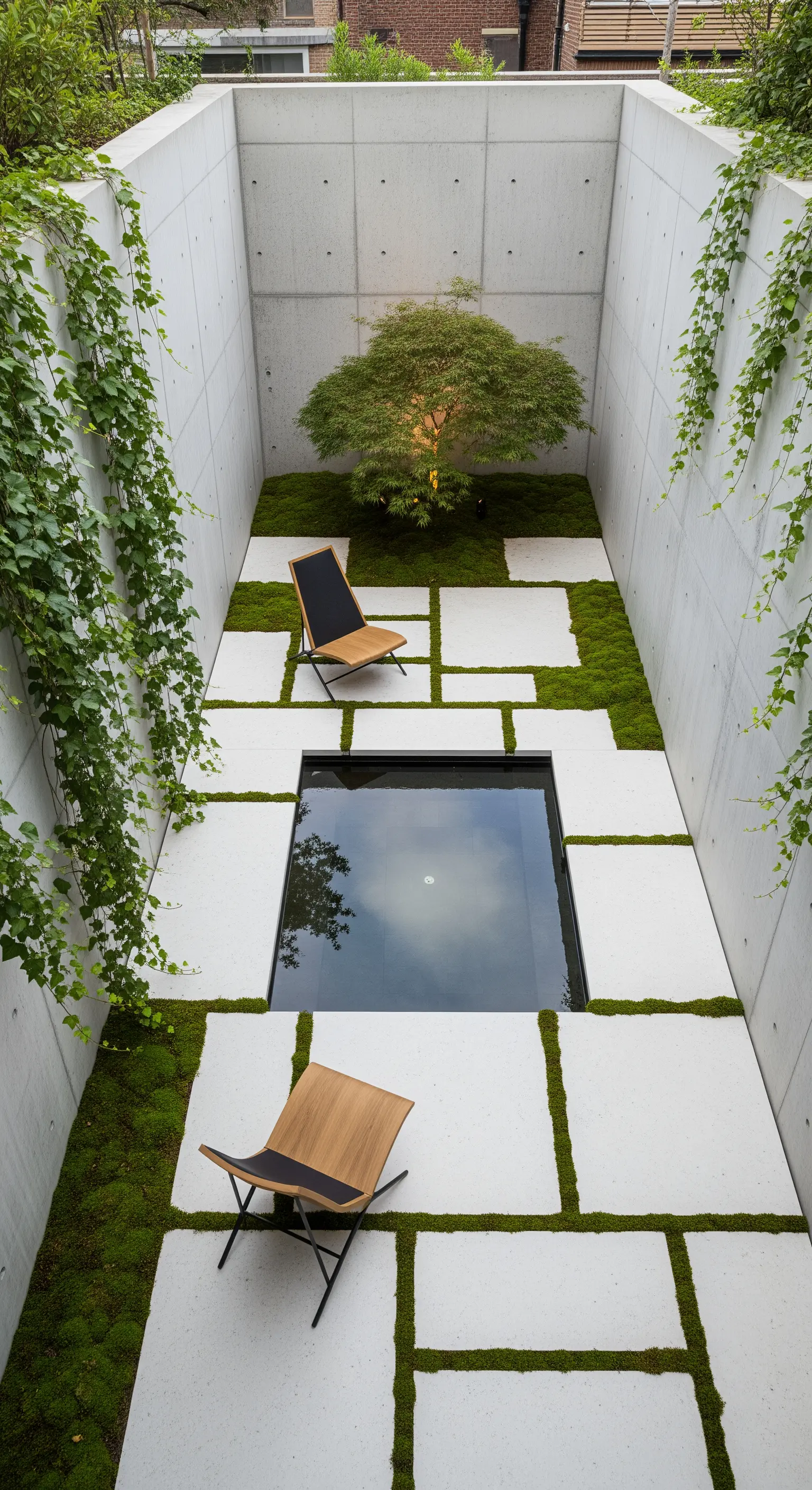 Cortile minimalista con pareti in cemento, specchio d'acqua e un acero giapponese centrale