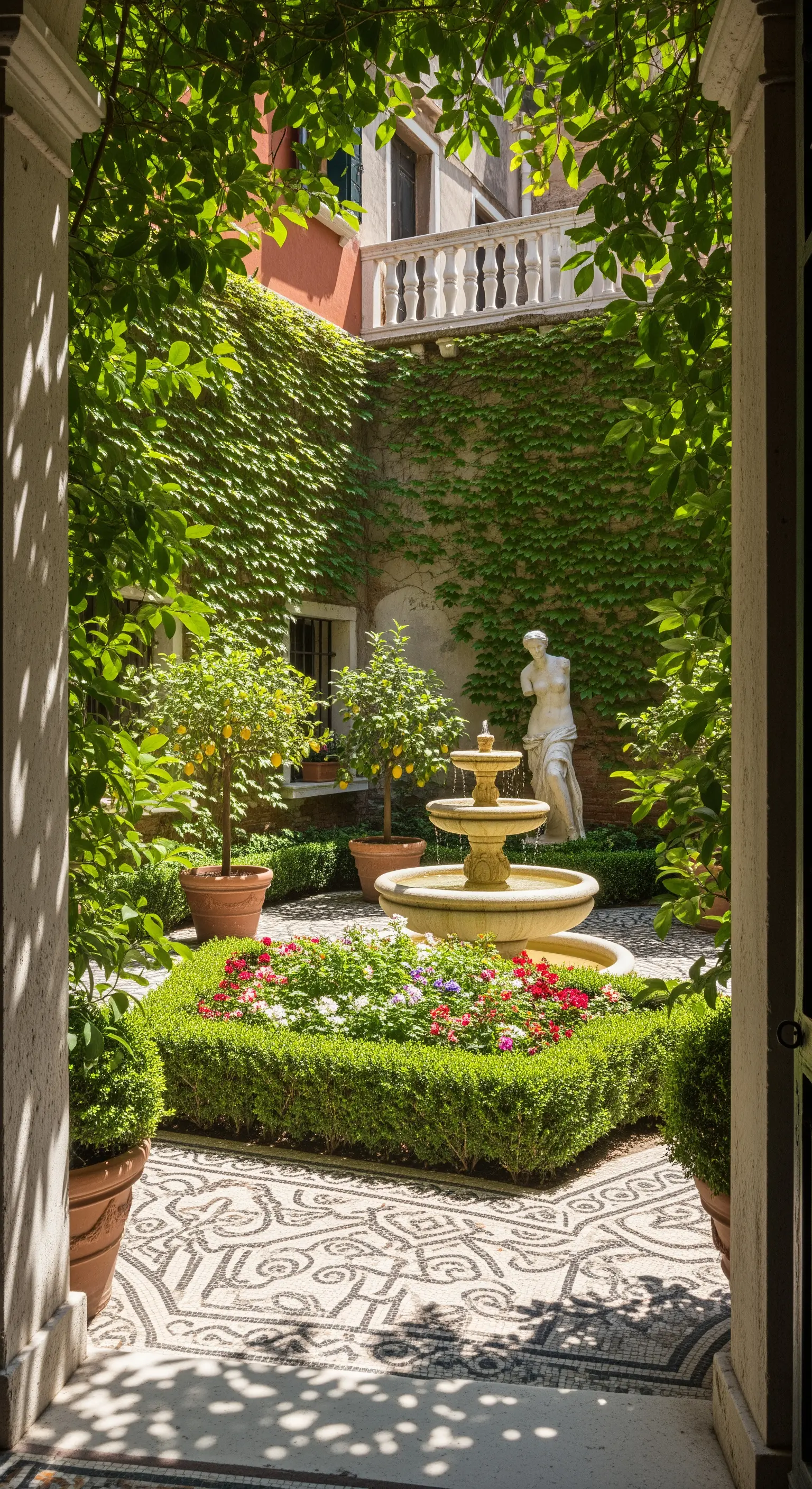 Cortile interno con fontana, statua, edera rampicante e pavimento a mosaico.
