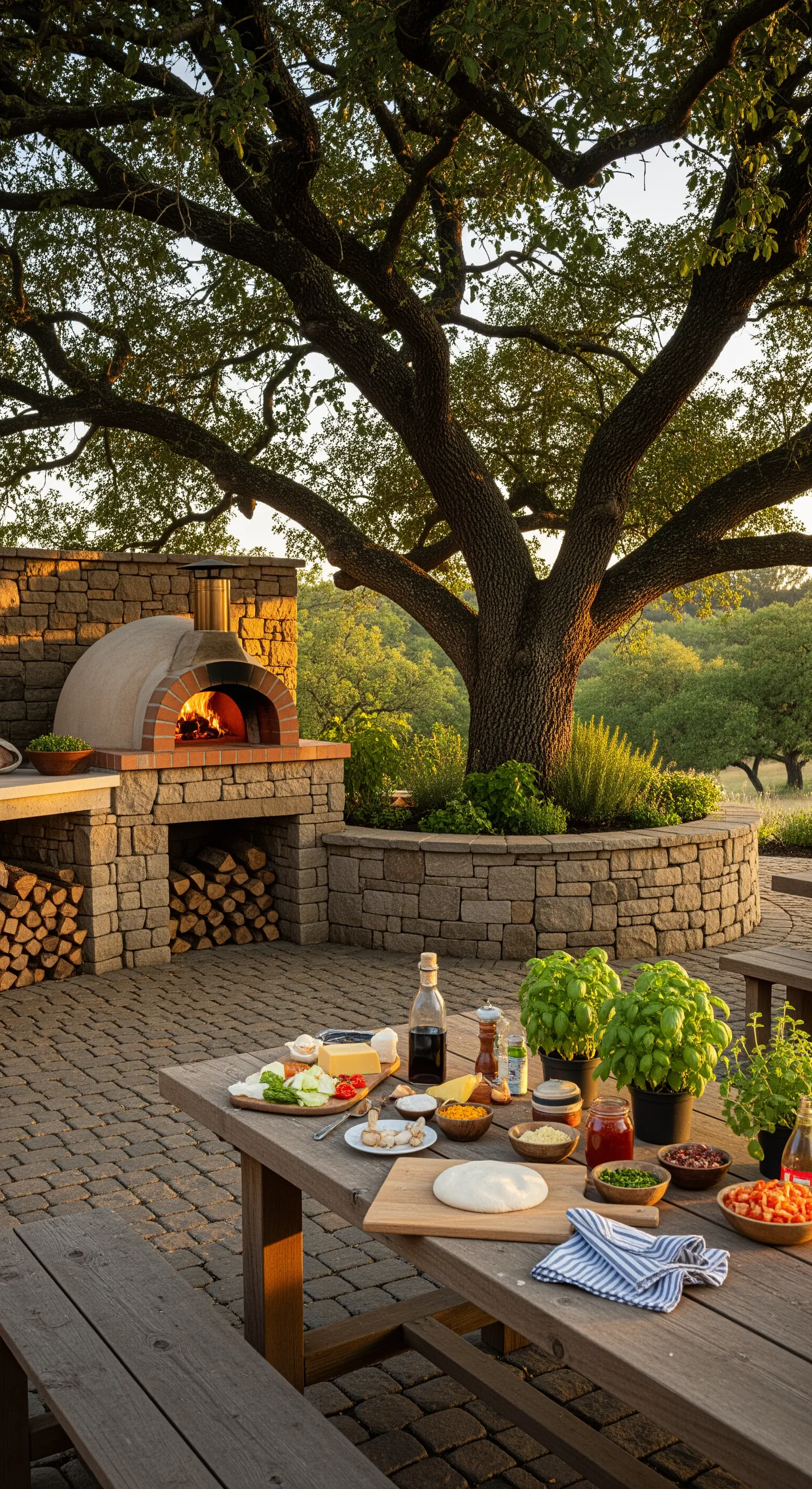 Patio con forno a legna in pietra, tavolo da pranzo e orto aromatico per pizza.