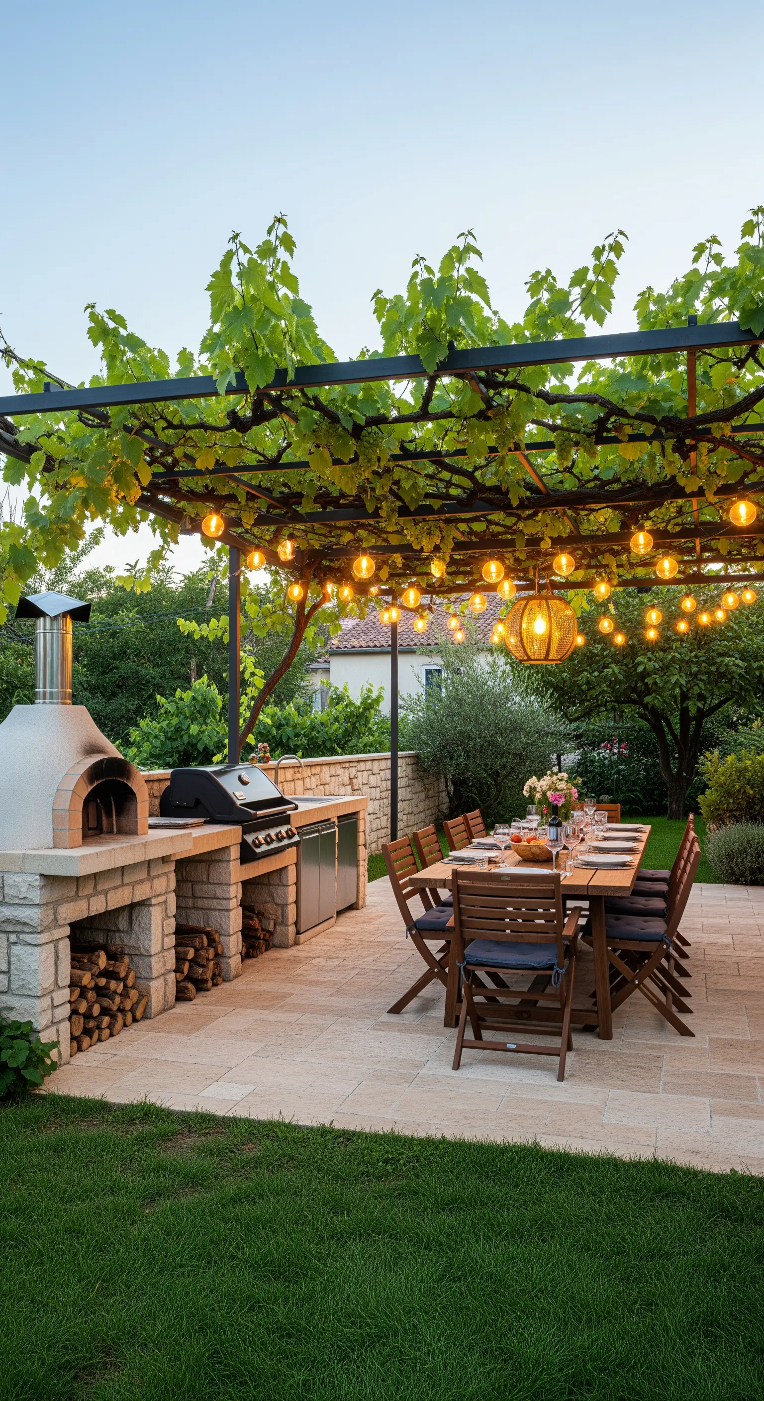 Area pranzo esterna sotto una pergola, accanto a una cucina con forno a legna.
