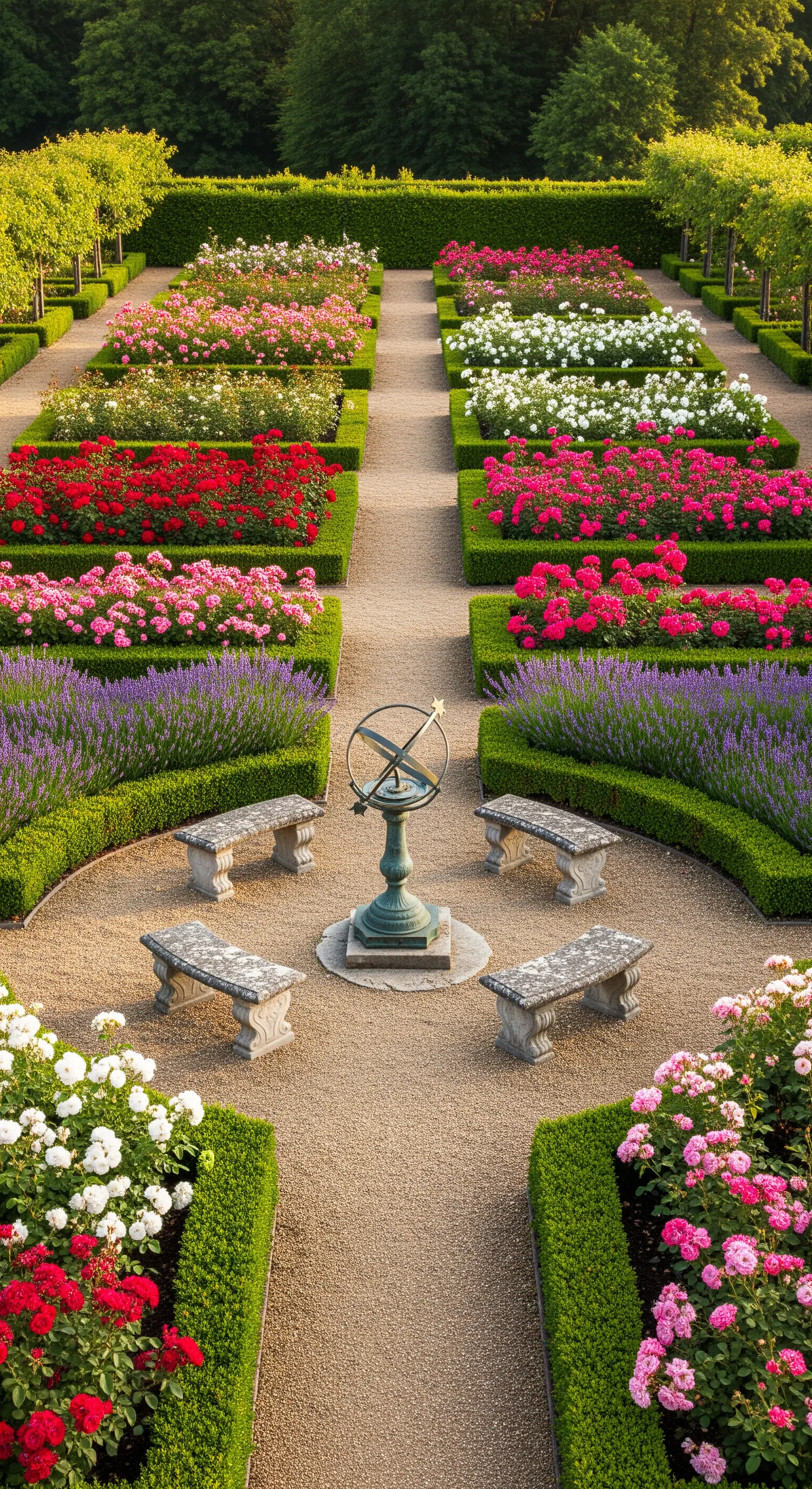Roseto formale con aiuole colorate e una meridiana in bronzo su piedistallo al centro.