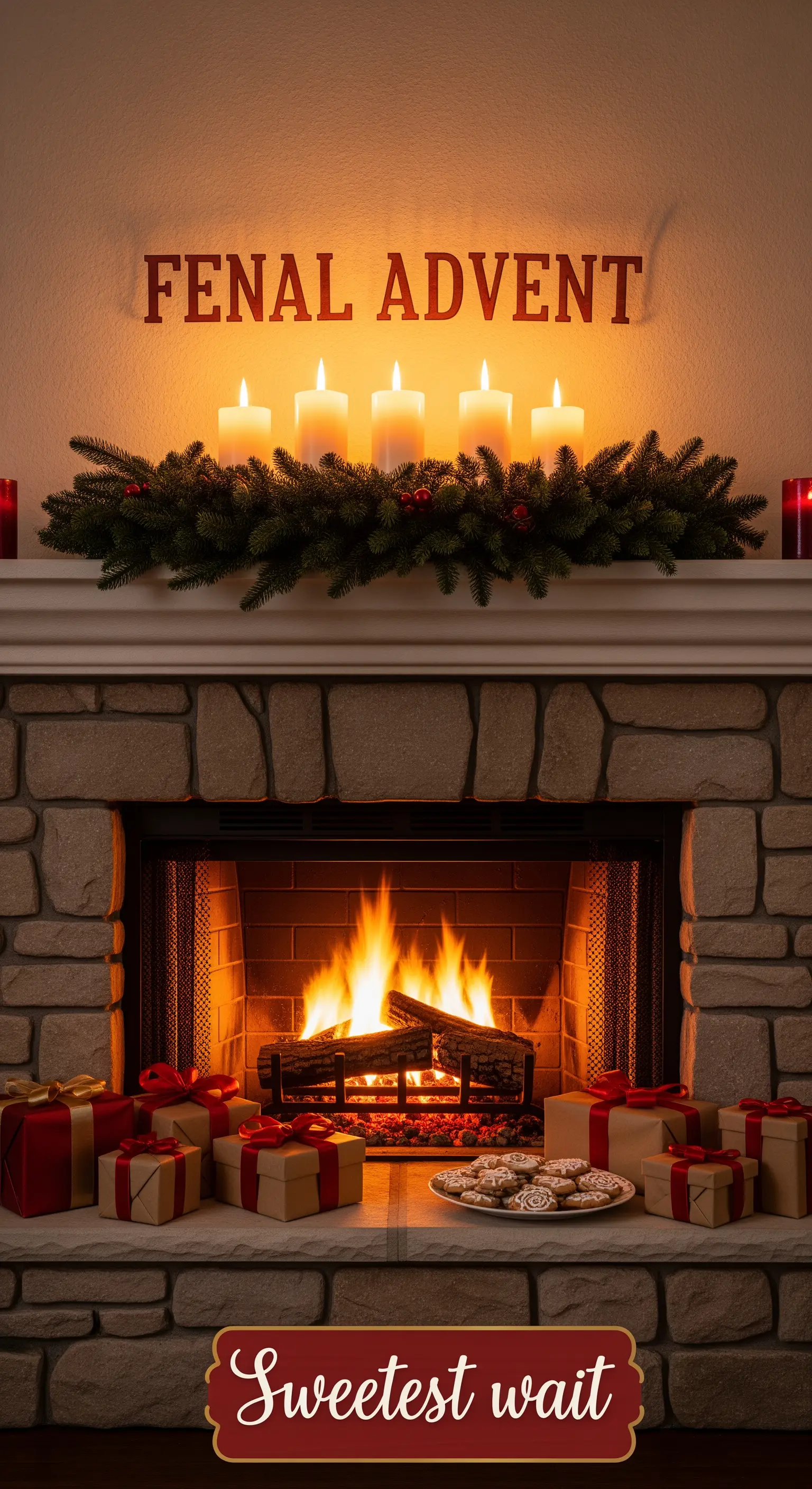 Camino acceso con ghirlanda illuminata, candele e regali, simbolo dell'attesa.