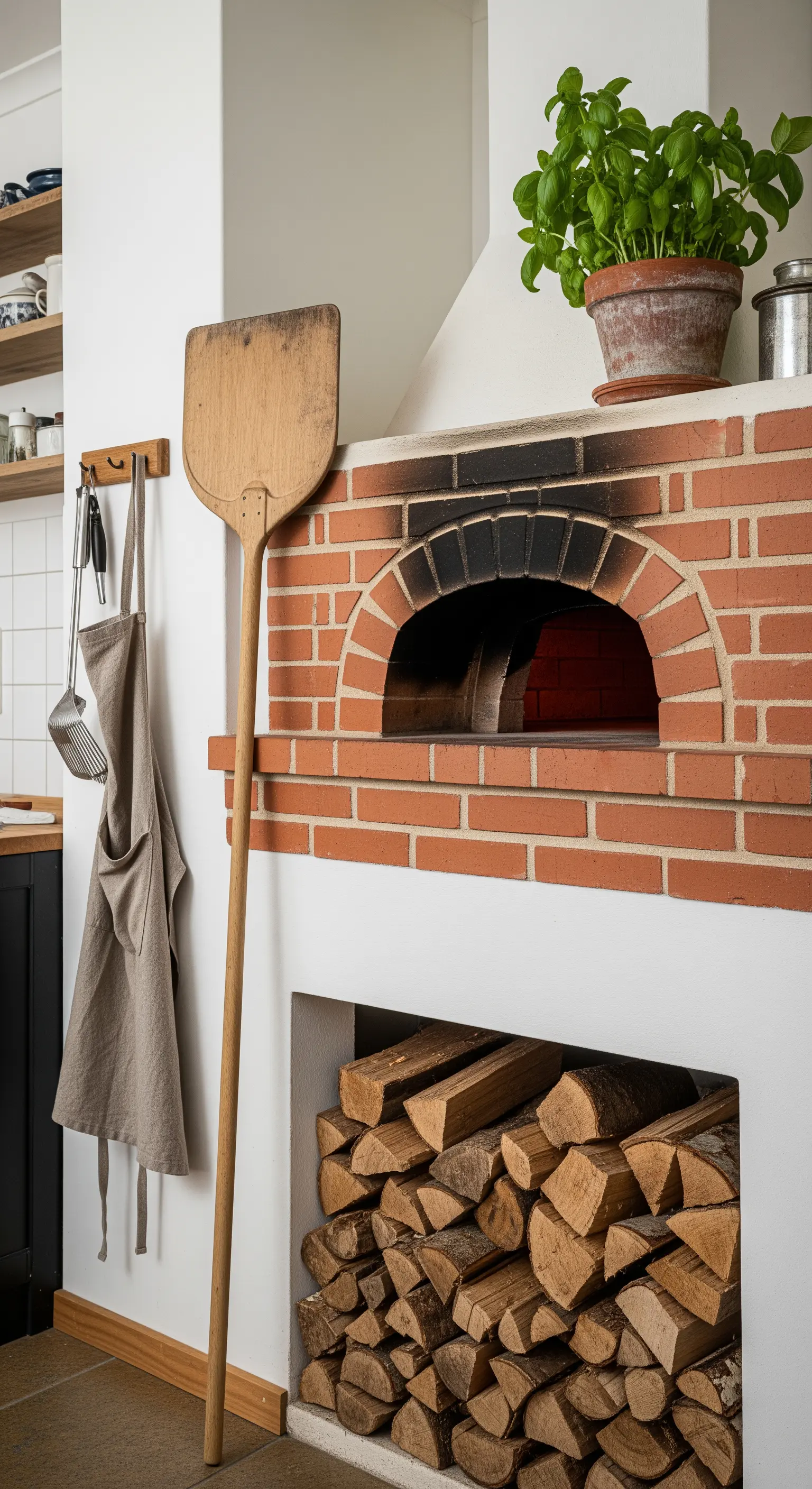 Forno per pizza in mattoni rossi integrato in una parete bianca della cucina.