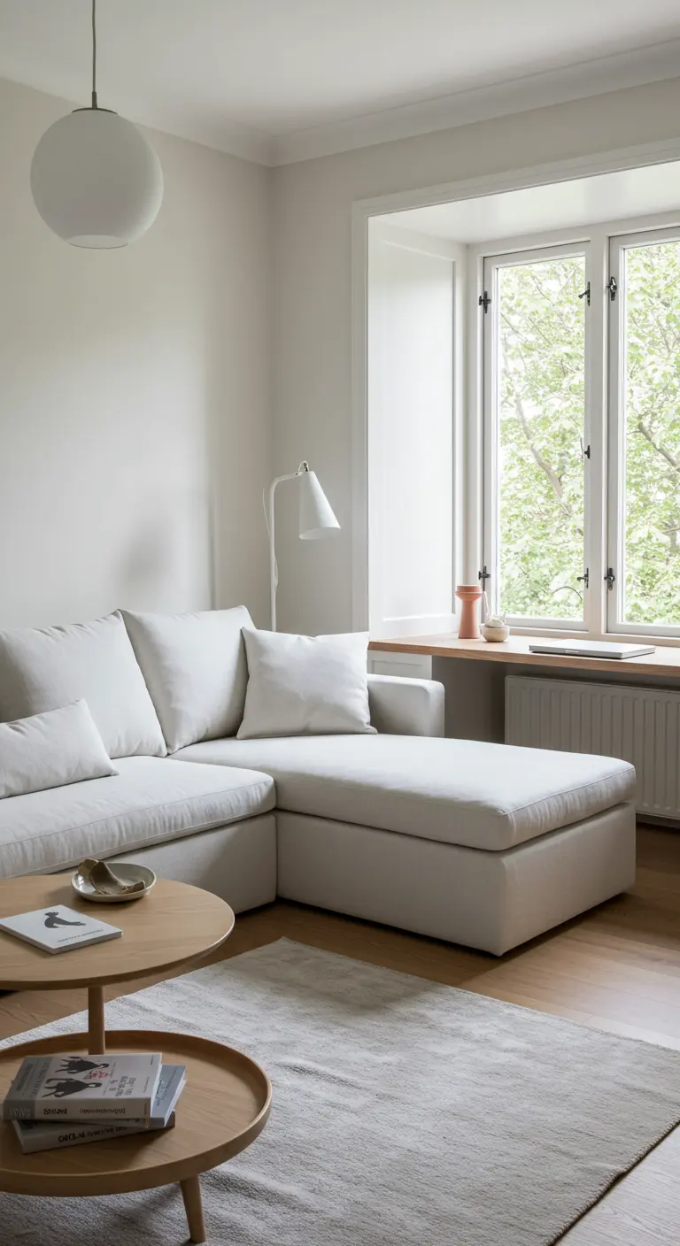 Mensola in legno posizionata sotto una finestra, dietro un divano, usata come scrivania.