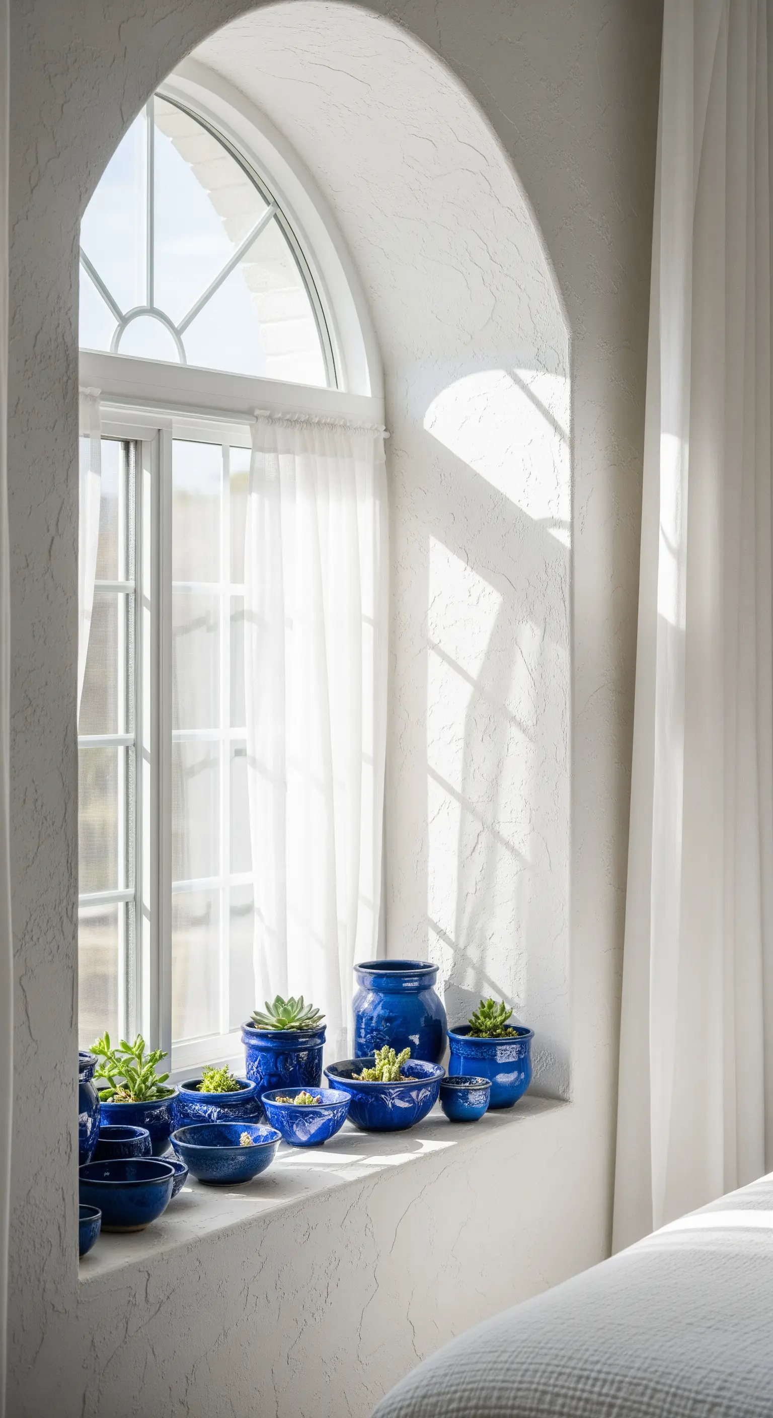Davanzale ad arco con una collezione di vasi in ceramica blu contenenti piante grasse.