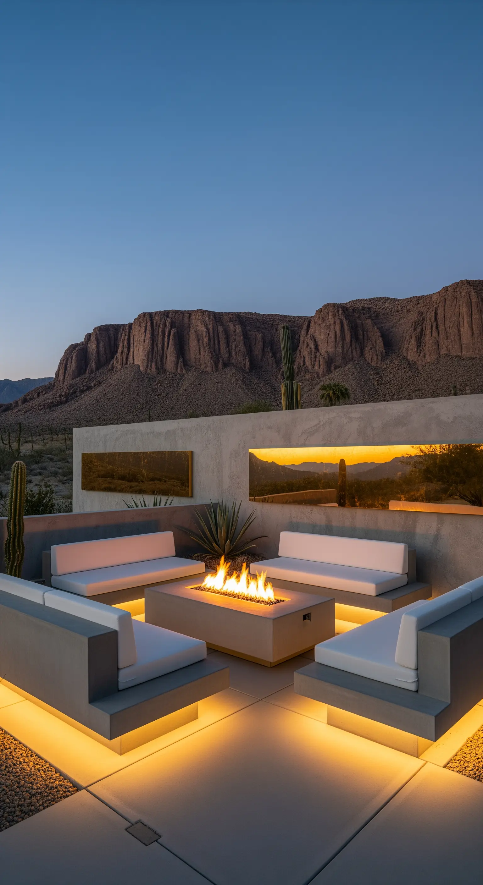 Patio nel deserto con sedute in cemento, braciere e nicchie a specchio che riflettono il paesaggio.