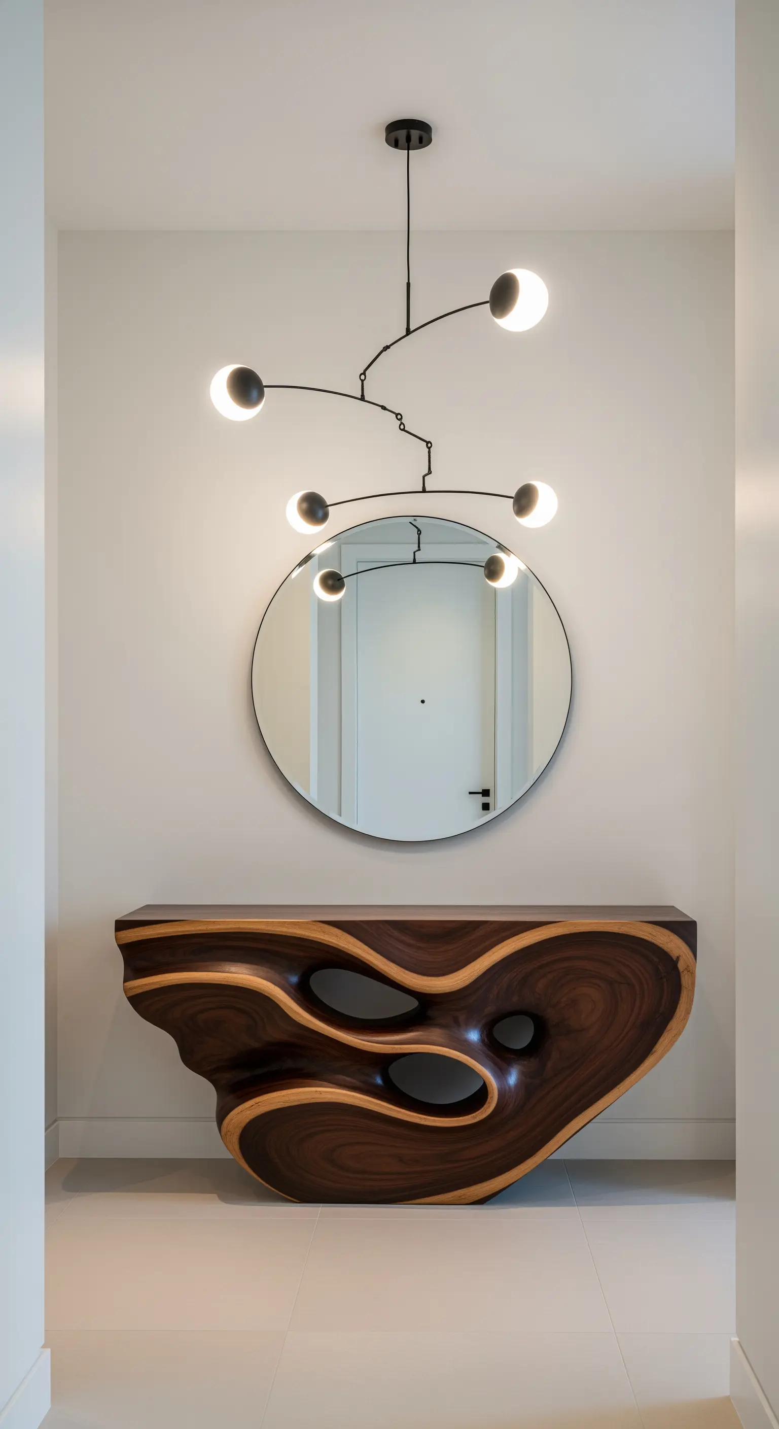 Consolle scultorea in legno massello dalle forme organiche, con specchio rotondo e lampada mobile.