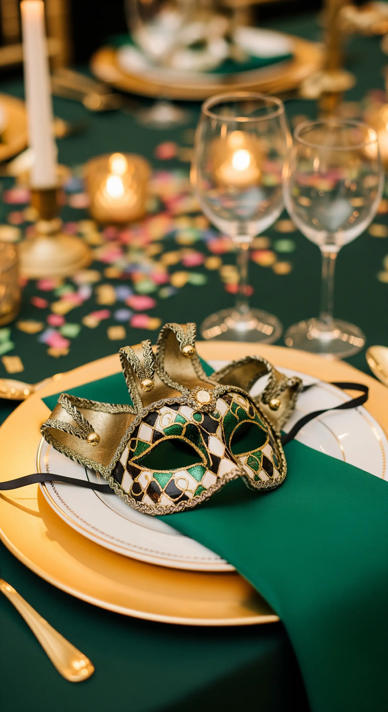 Primo piano di un posto tavola con piatto dorato, tovagliolo verde e maschera veneziana decorata.