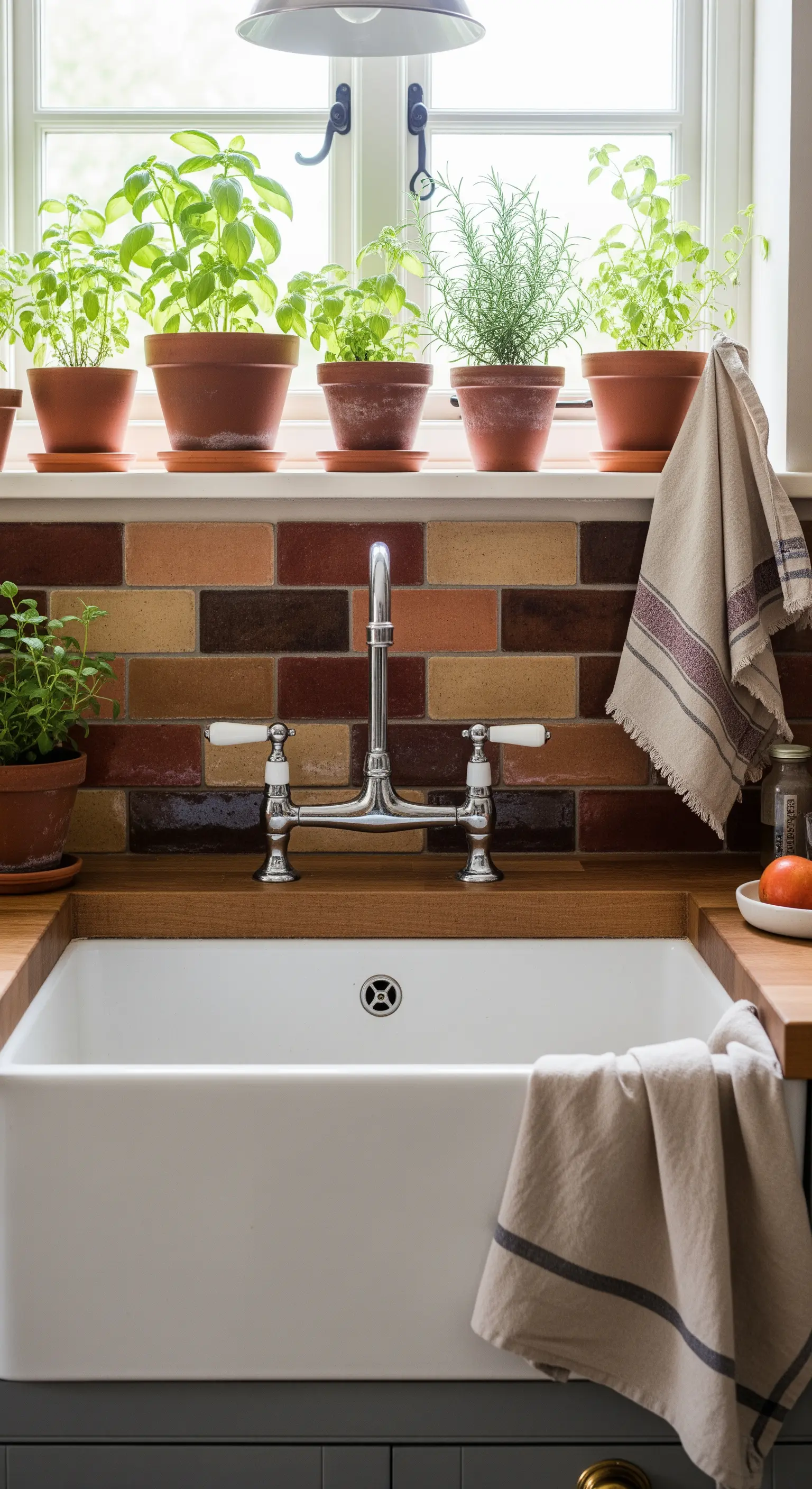 Lavello in ceramica con paraschizzi in mattoncini di terracotta e piantine aromatiche.