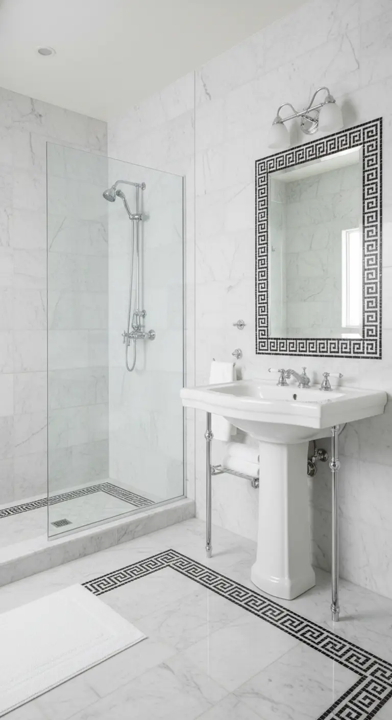 Bagno in marmo con bordo a mosaico a greca sul pavimento e sullo specchio.