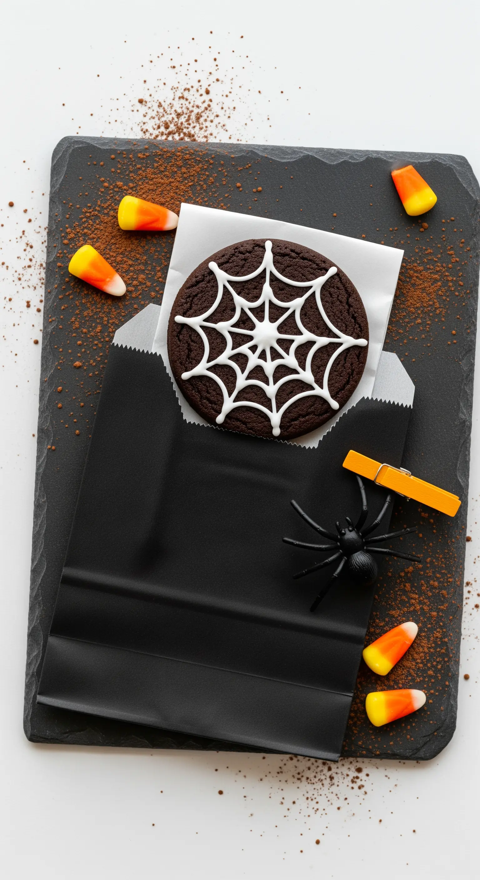 Biscotto al cioccolato con decorazione a ragnatela in un sacchetto nero su una lastra di ardesia.