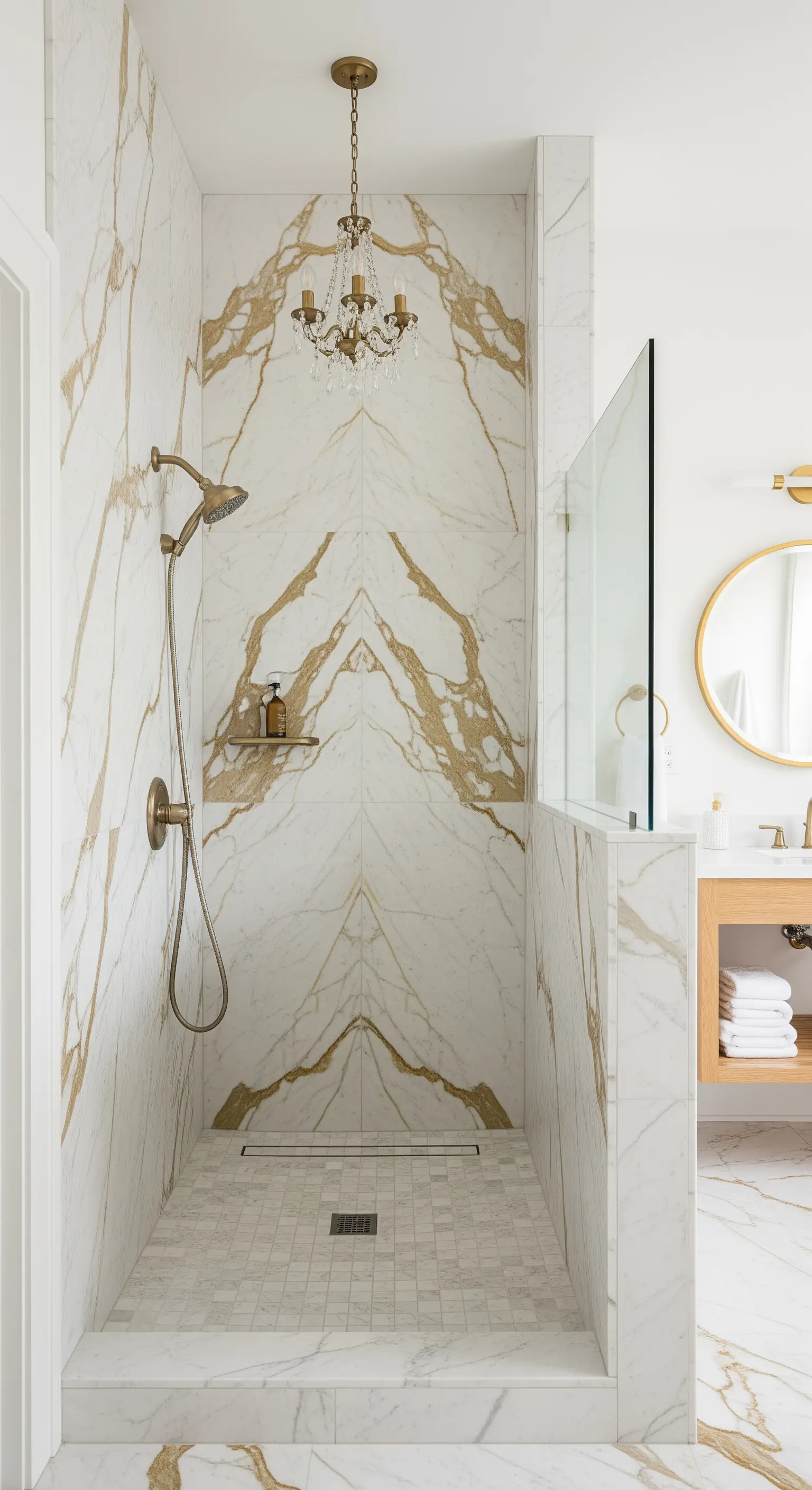 Doccia walk-in in marmo Calacatta oro con un piccolo lampadario di cristallo appeso al soffitto.