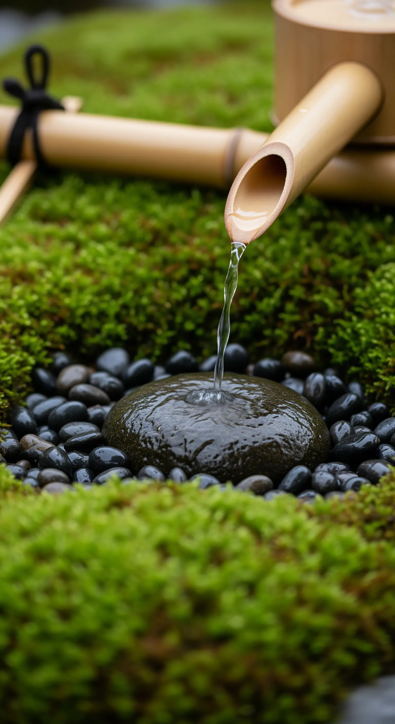 Goccia d'acqua che cade da una fontana in bambù su una pietra scura circondata da muschio.