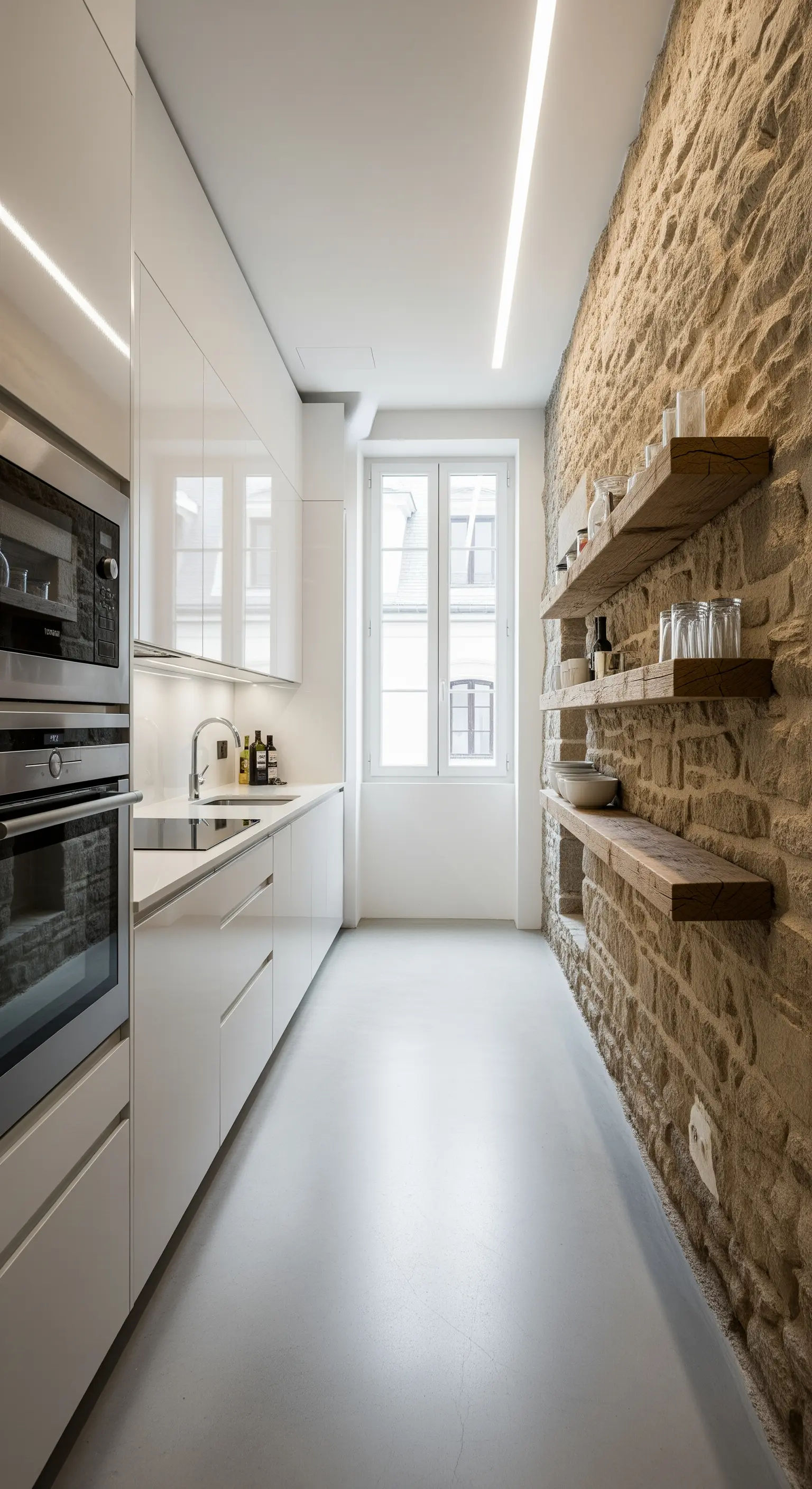 Cucina stretta e lunga, con mobili bianchi laccati su un lato e una parete in pietra grezza sull'altro.