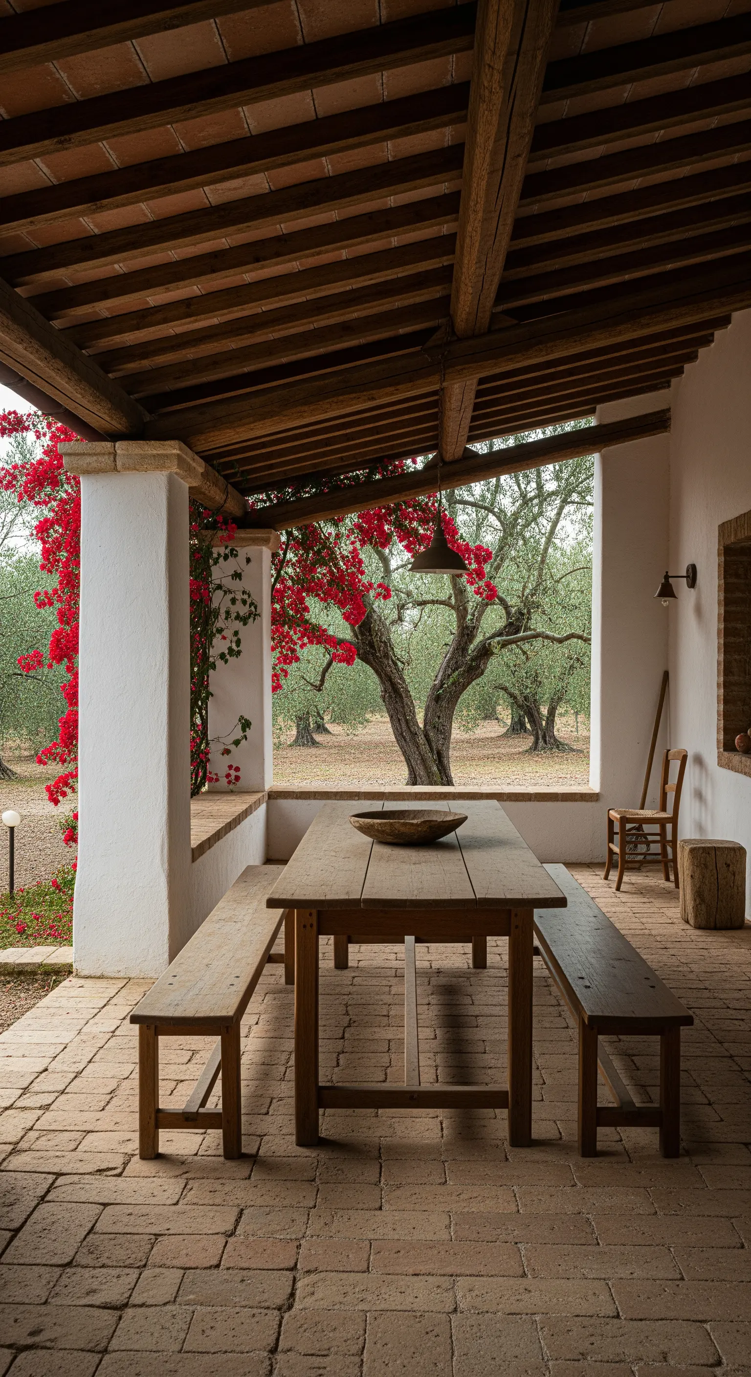 Portico rustico con tavolo e panche in legno che si affaccia su un uliveto