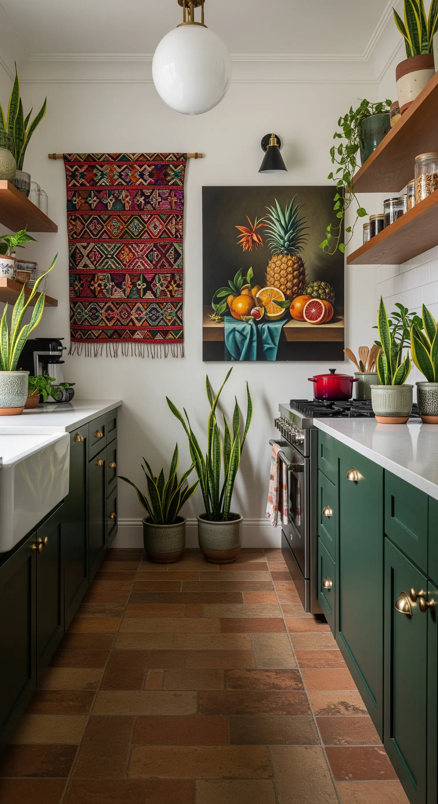 Cucina verde scuro con arazzo etnico, quadro di natura morta e piante di sansevieria.