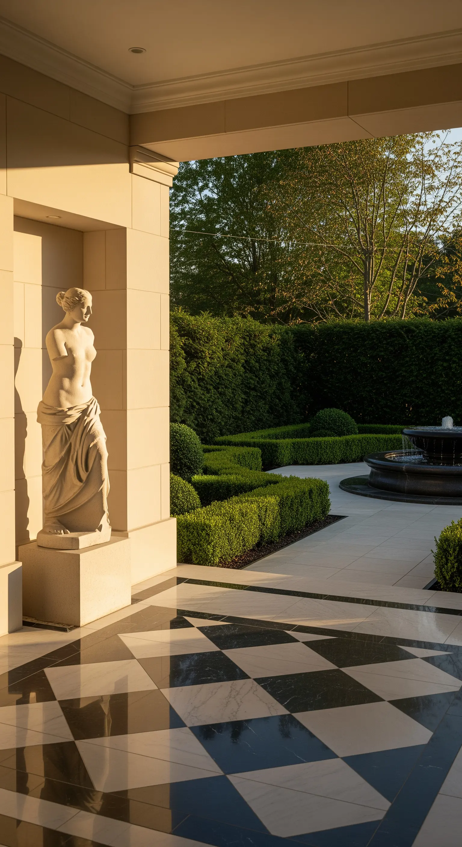 Statua classica in una nicchia illuminata, affacciata su un patio con pavimento a scacchiera.