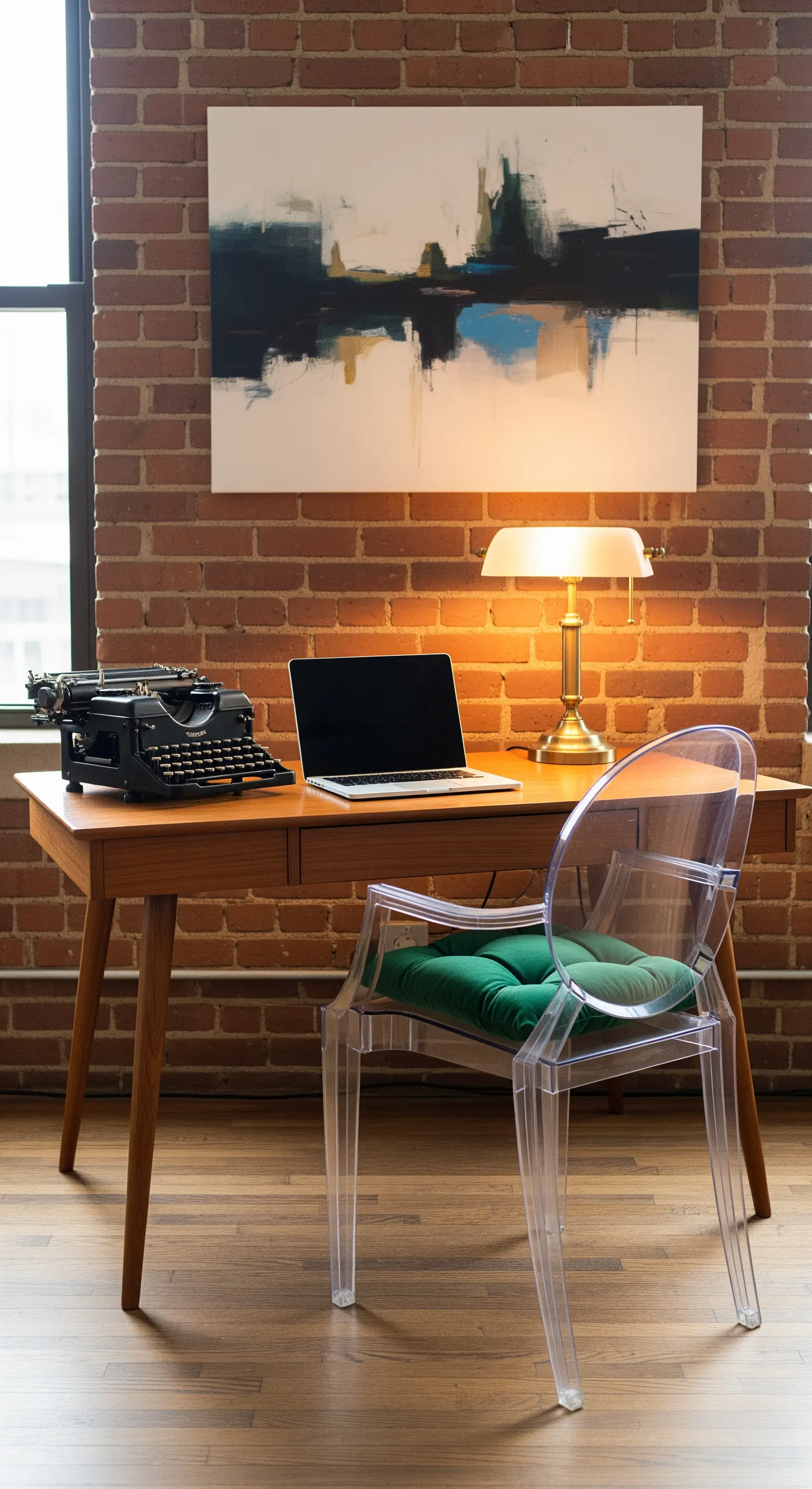 Scrivania in legno con sedia trasparente, macchina da scrivere vintage e laptop.