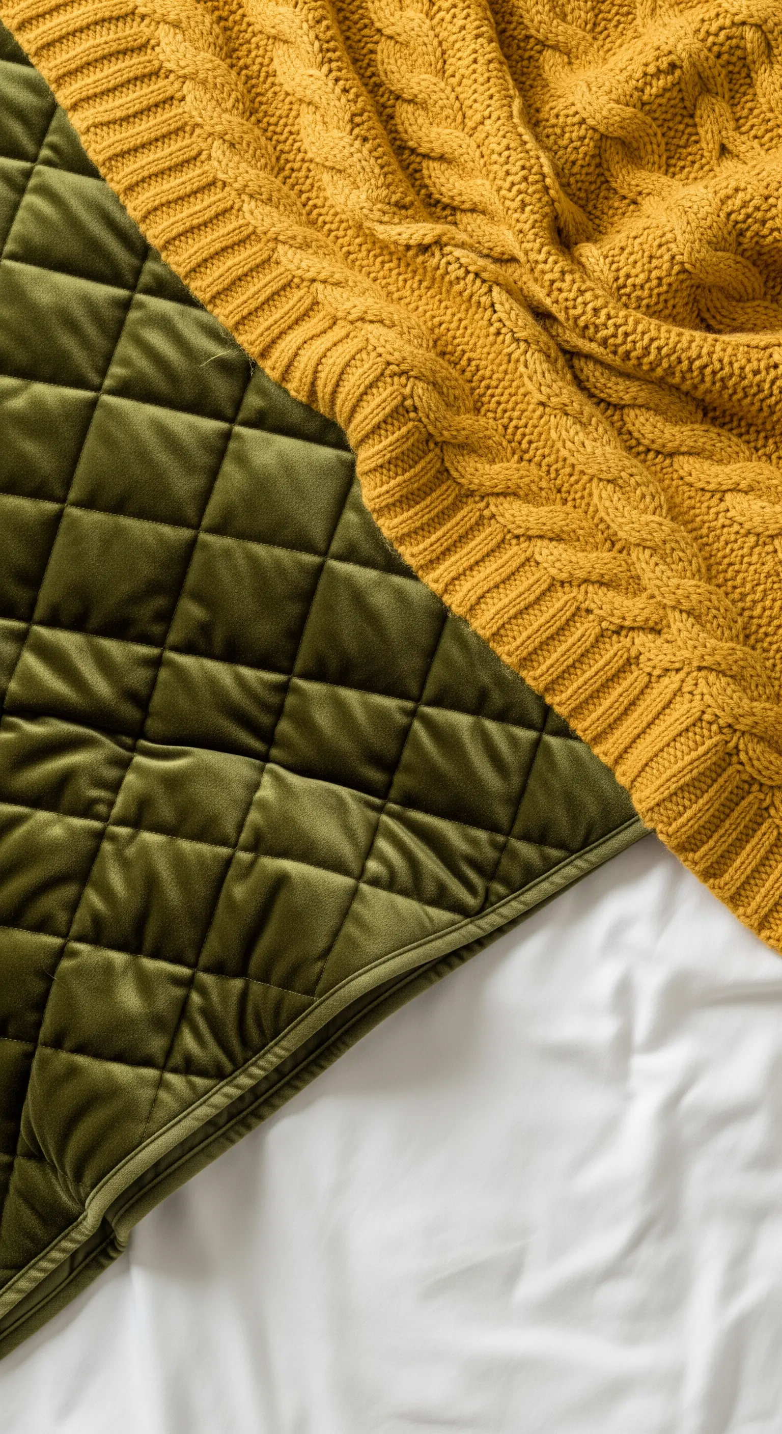 Primo piano di un plaid di lana senape e una coperta in velluto trapuntato verde oliva.