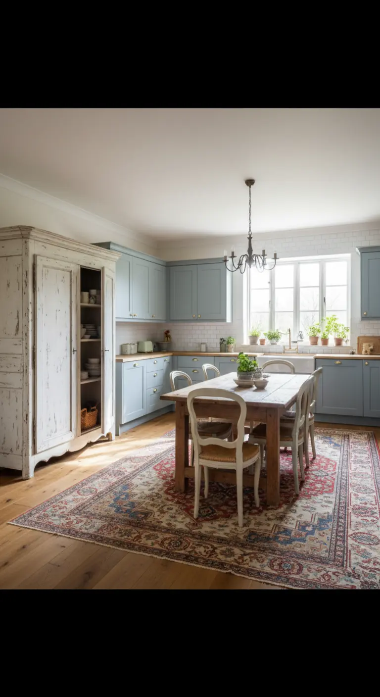 Cucina con mobili azzurri, armadio antico decapato e tappeto persiano.
