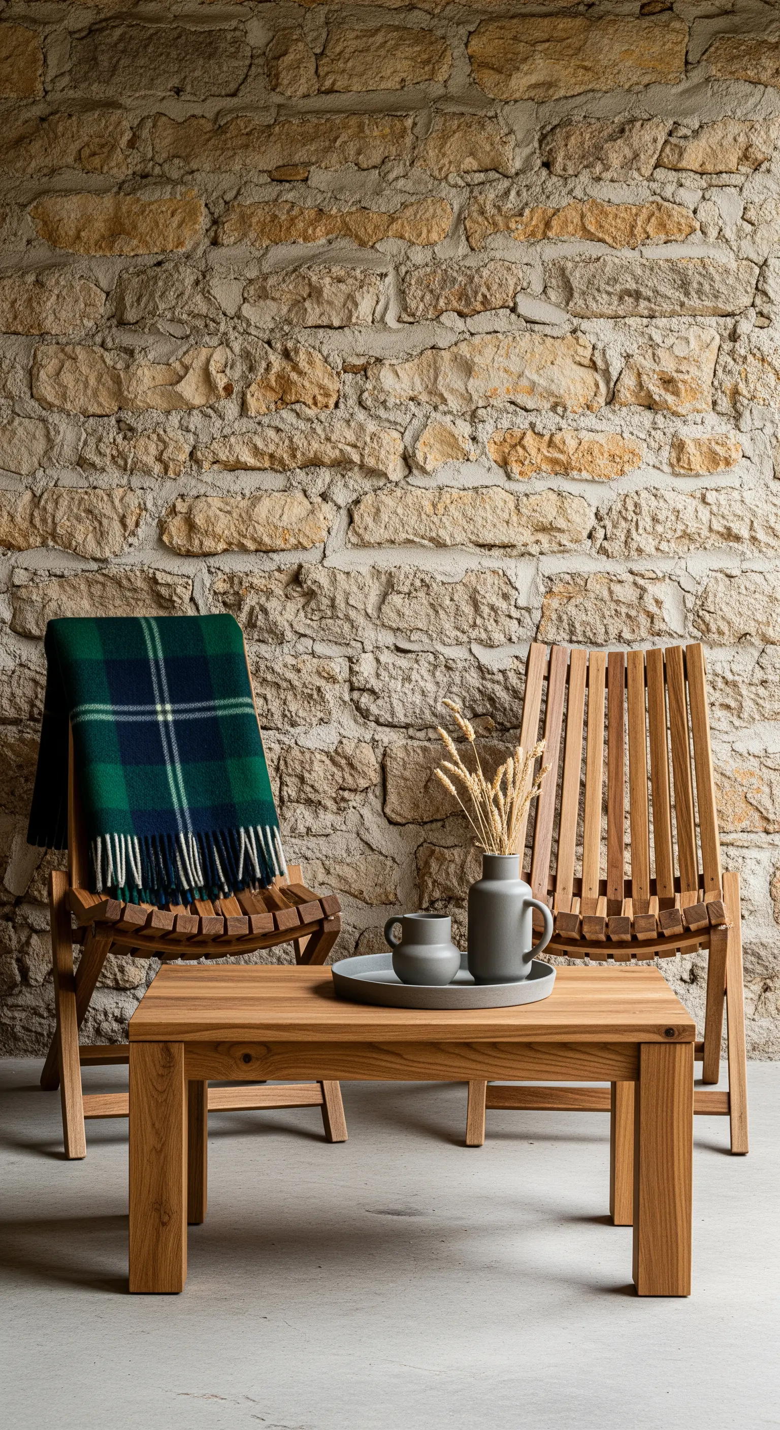 Sedie pieghevoli e tavolino in legno massiccio davanti a una parete in pietra a vista.