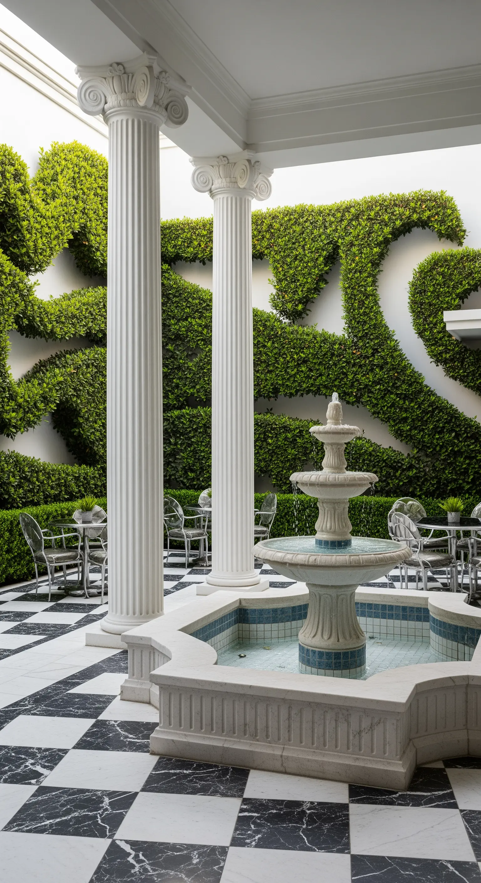 Patio con pavimento a scacchiera in marmo, colonne bianche e una parete di verde scultoreo.