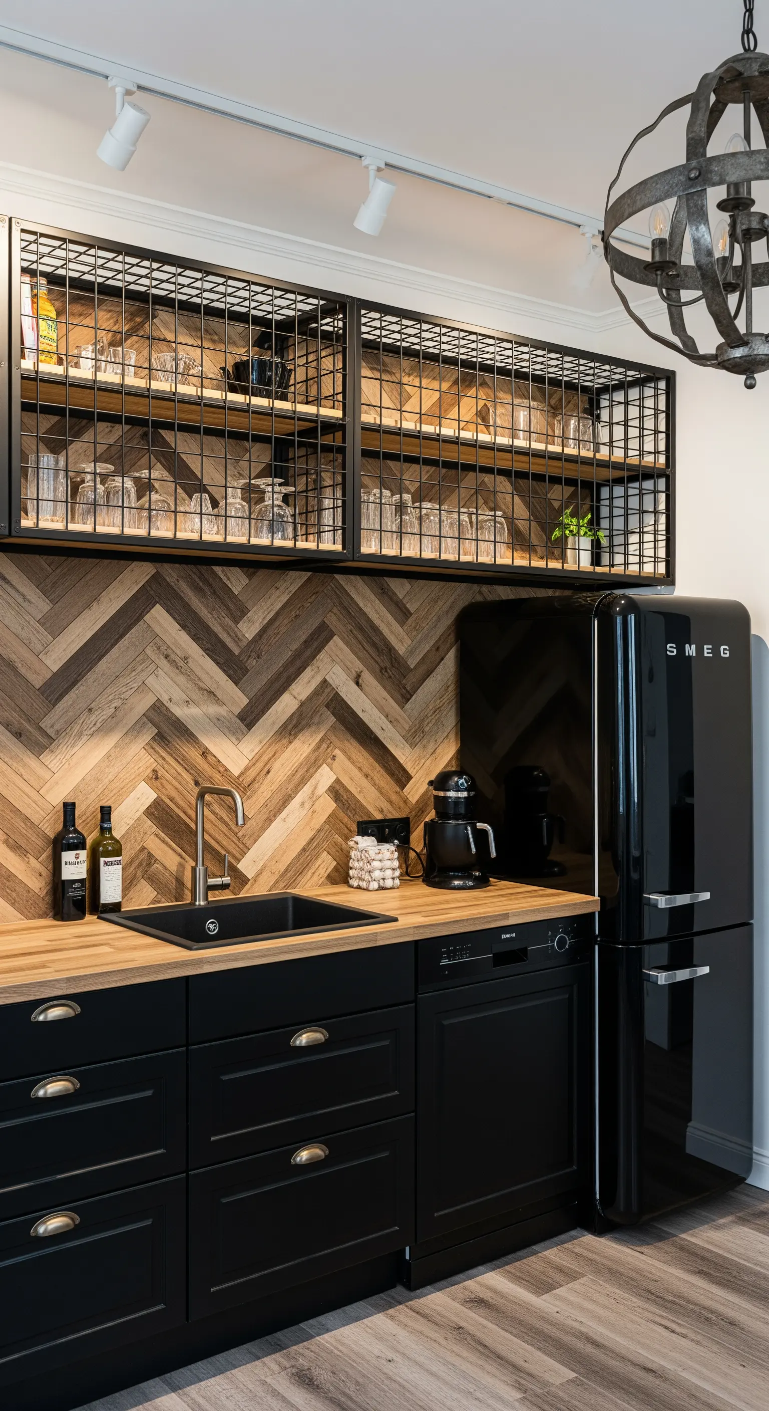 Cucina con paraschizzi in legno a spina di pesce e pensili in rete metallica nera.