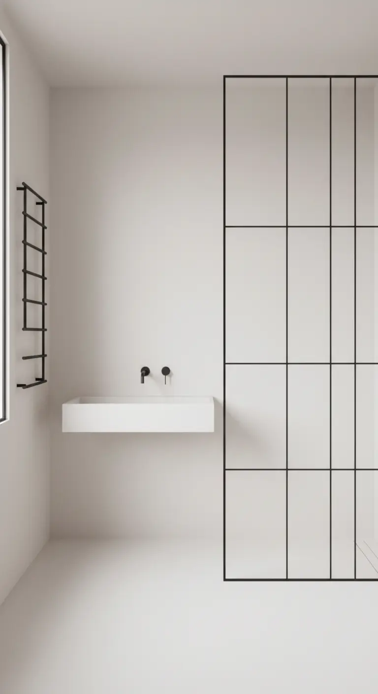 Bagno ultra-minimalista con box doccia e termoarredo a griglia nera.