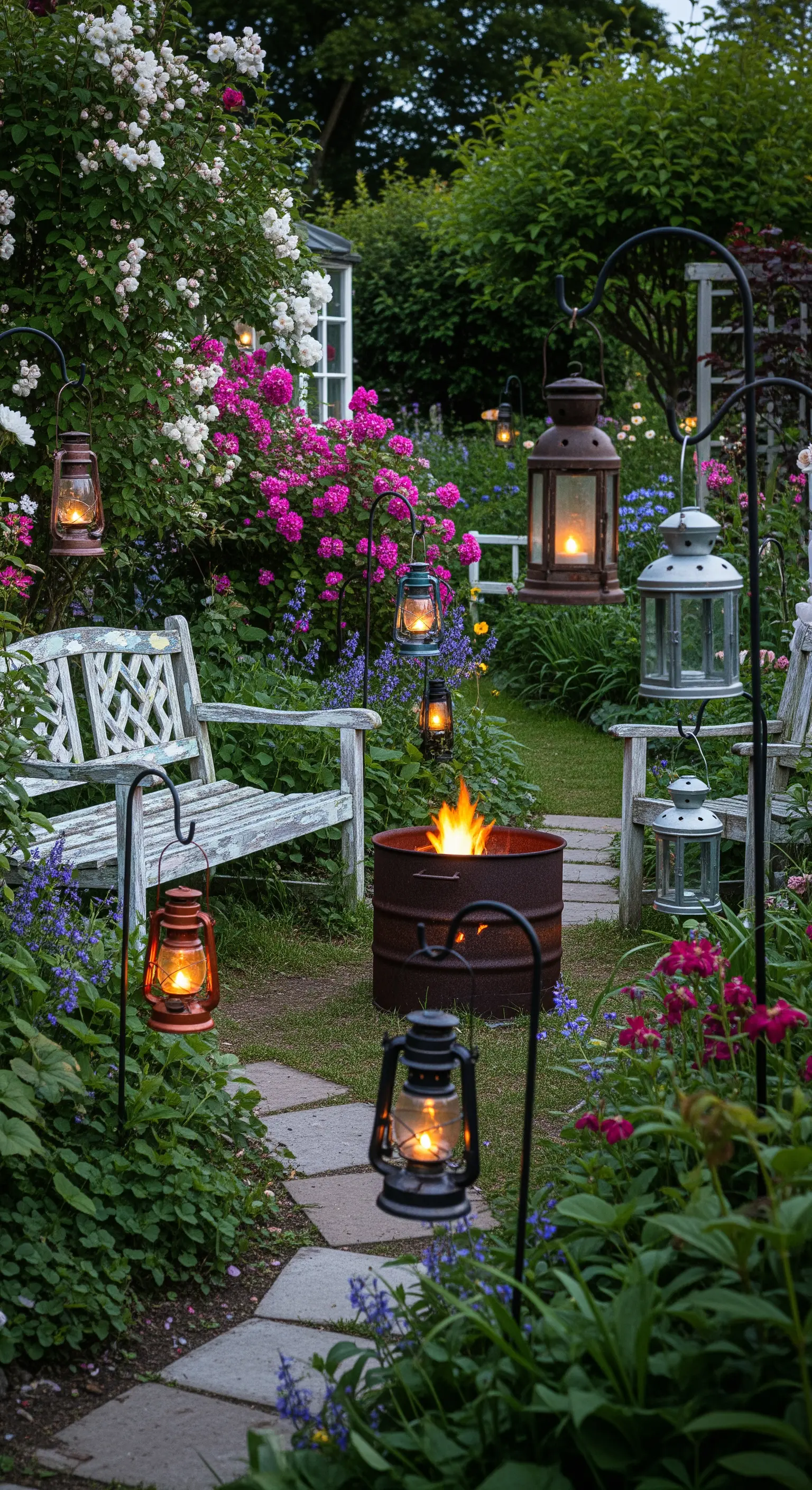 Giardino fiorito con panche bianche, un braciere e lanterne vintage appese a ganci.