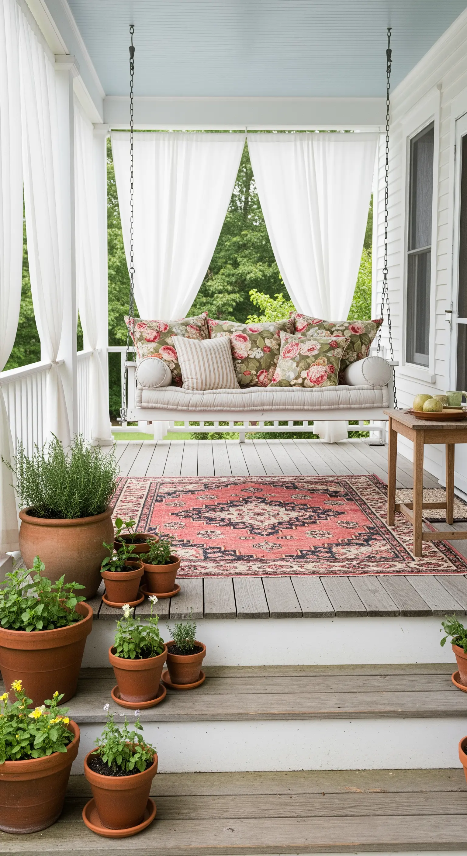 Portico con dondolo sospeso, cuscini floreali, tappeto persiano e vasi in terracotta.