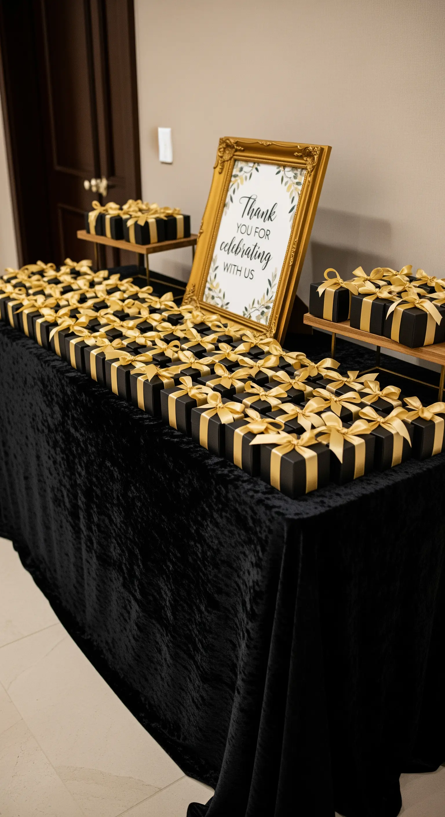 Tavolo con bomboniere in scatoline nere e fiocco oro, e un cartello di ringraziamento.