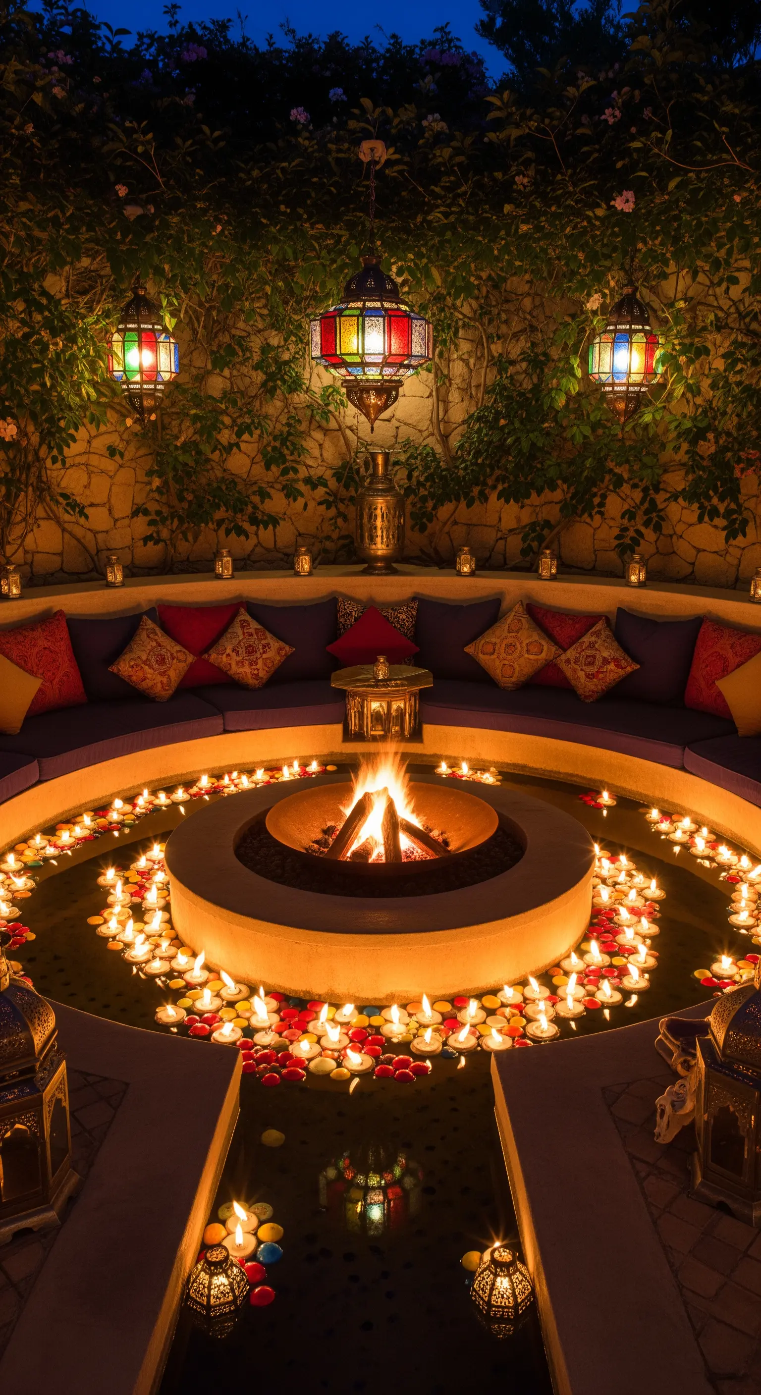 Braciere acceso circondato da acqua con candele galleggianti in un patio marocchino.