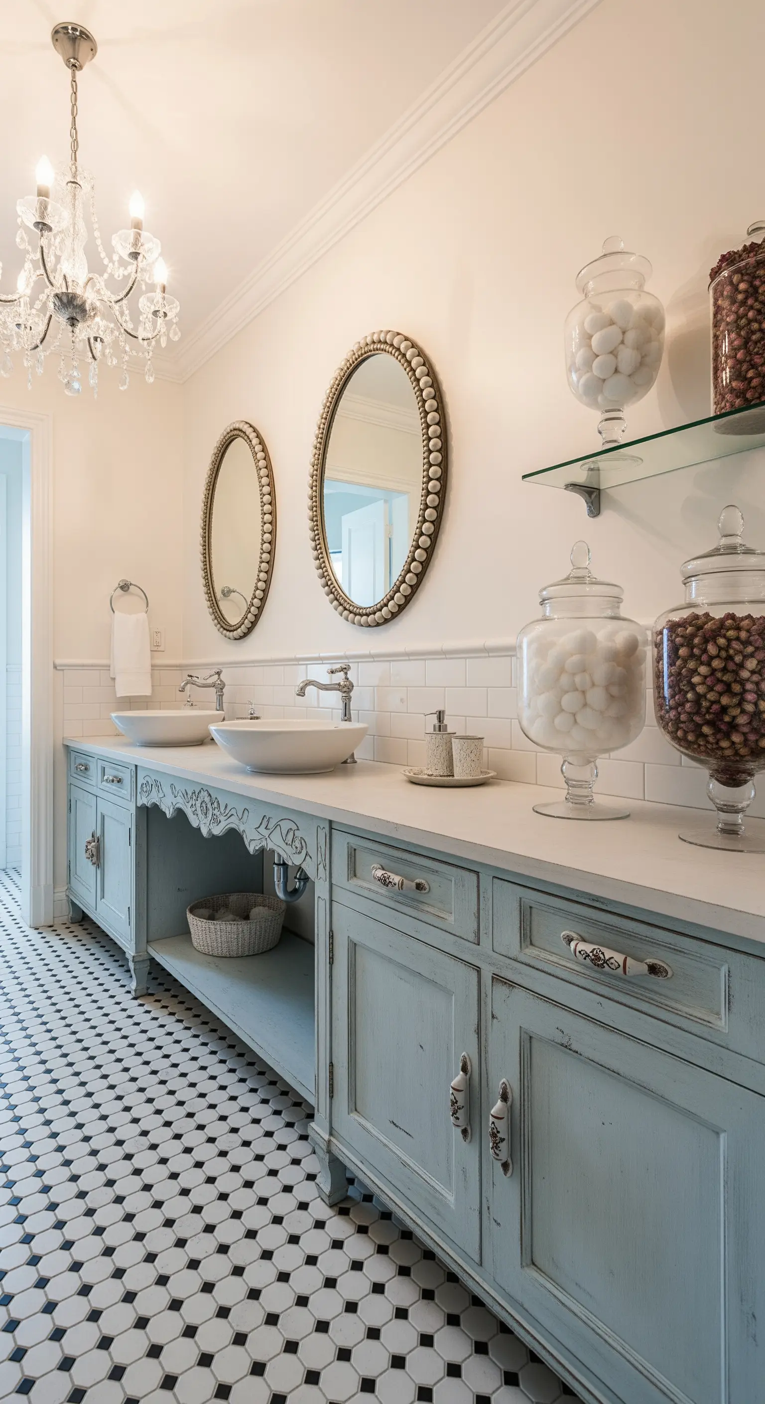 Lungo mobile da bagno doppio in azzurro decapé con pavimento a scacchi e specchi ovali.