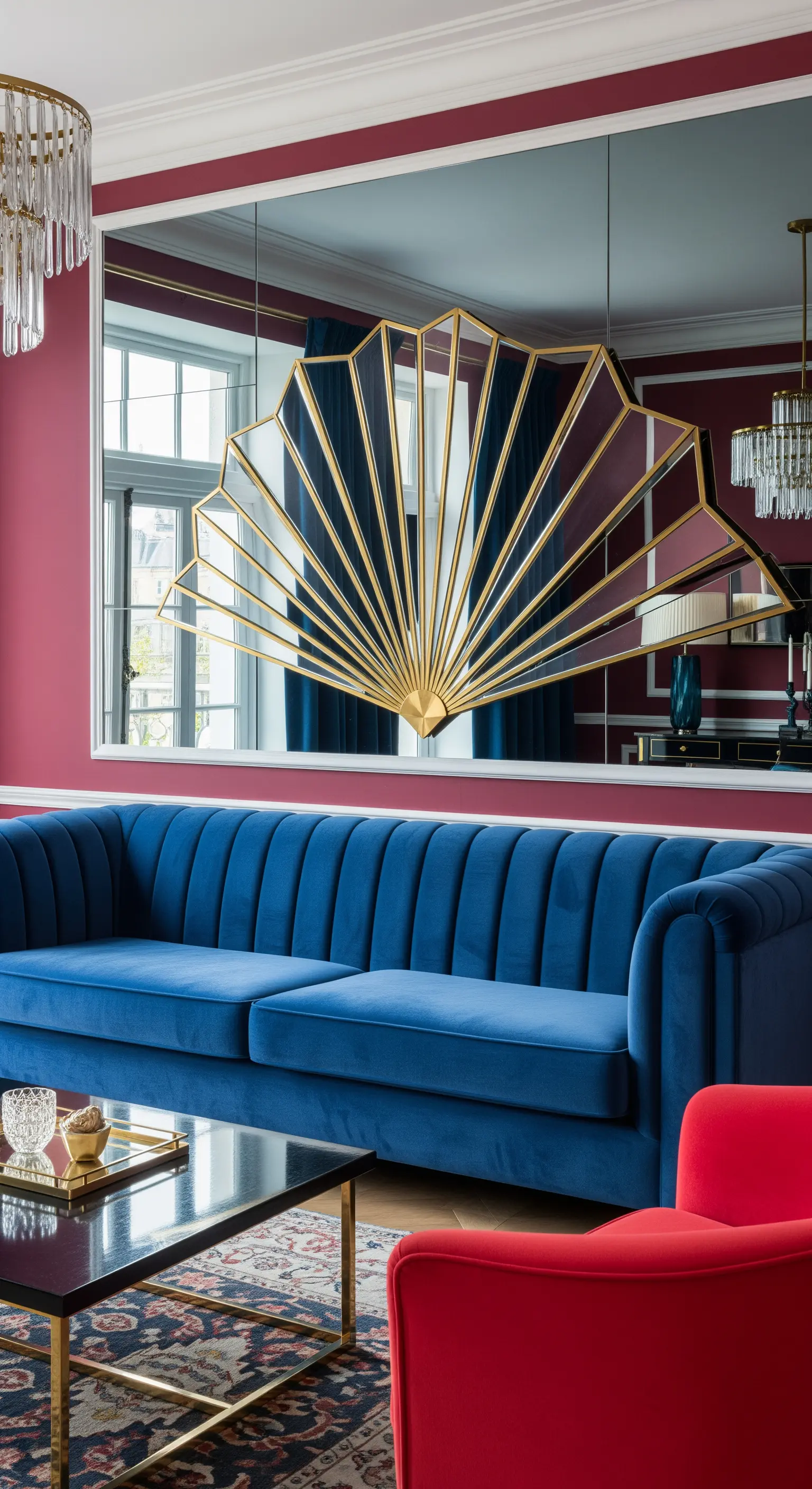 Specchio dorato a forma di ventaglio su una parete color vino sopra un divano blu elettrico.