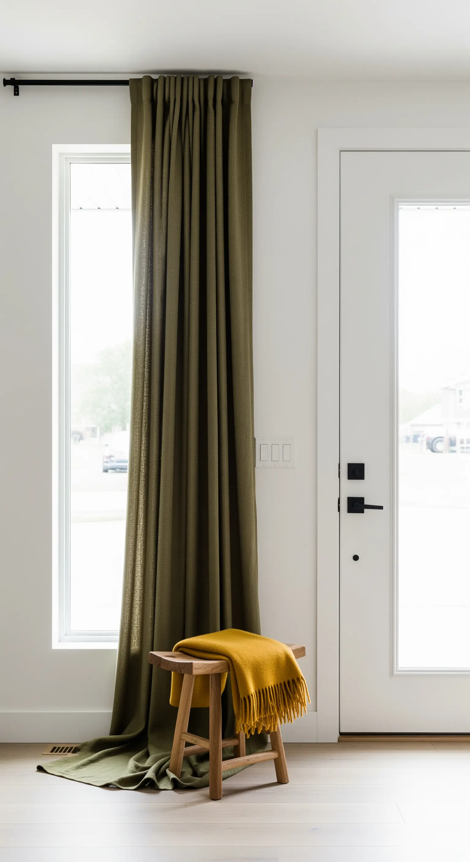 Tenda in lino verde oliva a tutta altezza accanto a una porta, con sgabello e plaid senape.