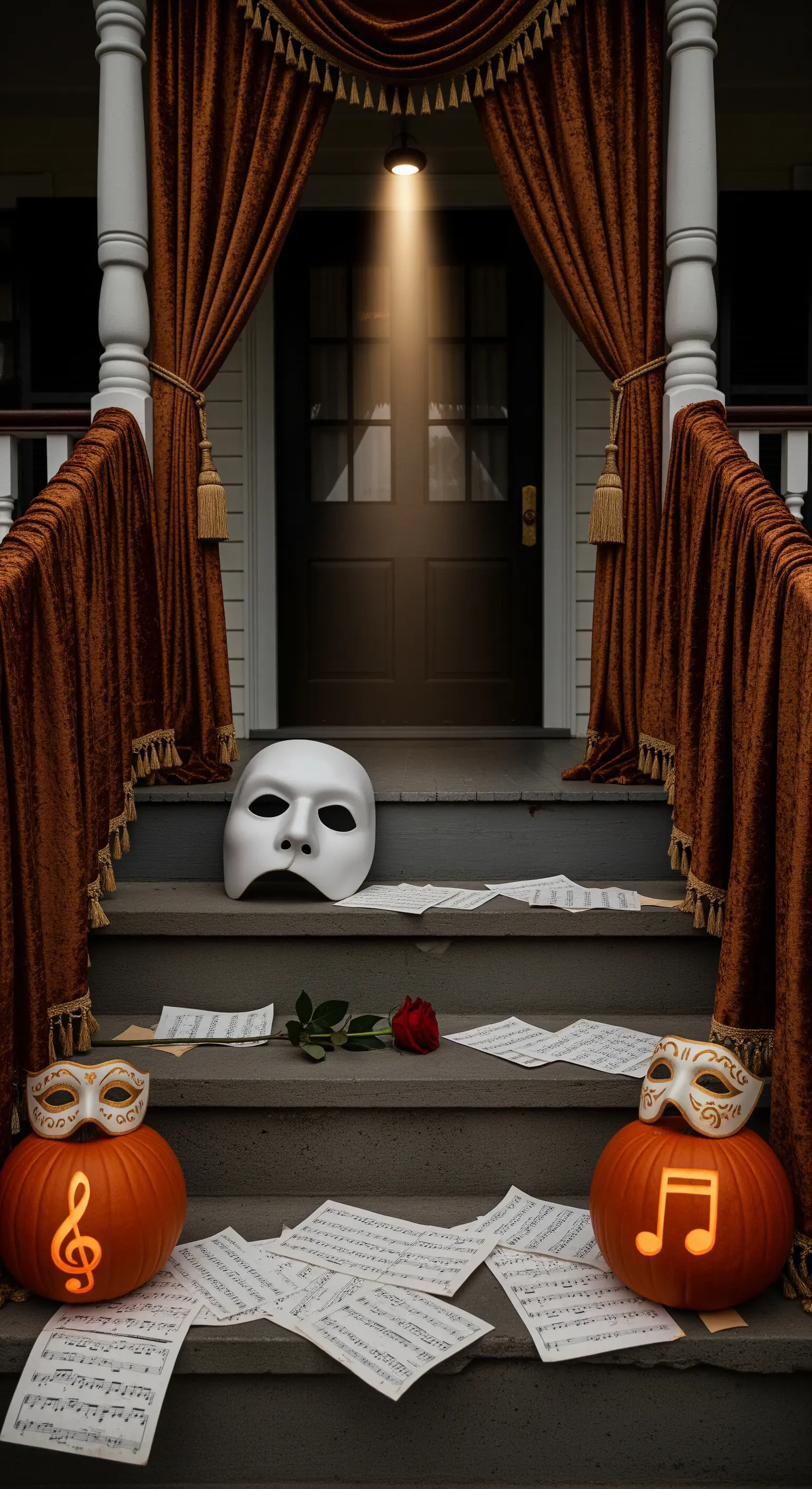 Scena ispirata al Fantasma dell'Opera con maschera bianca, spartiti musicali e una rosa rossa.
