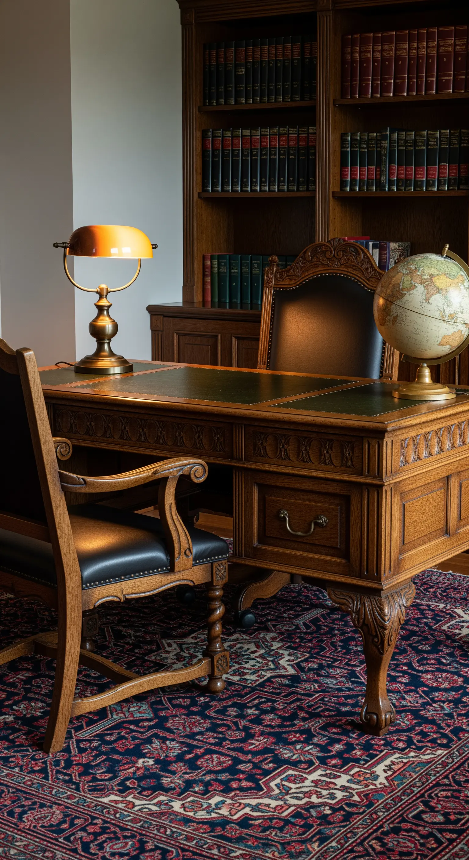 Scrivania classica in legno intagliato con sedie in pelle nera, un mappamondo e una libreria sullo sfondo.