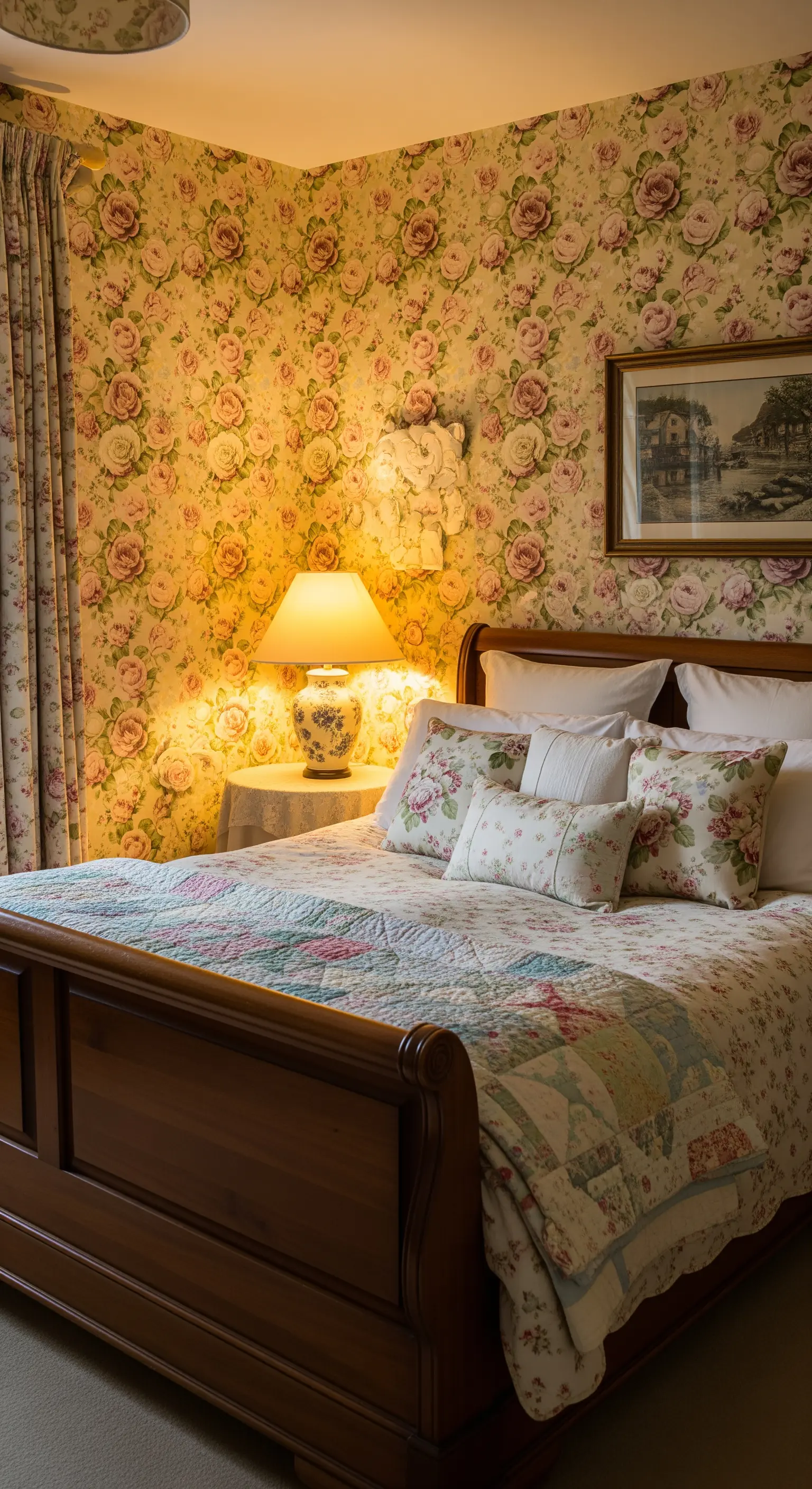 Camera in stile cottage con carta da parati a roselline e letto in legno massiccio.