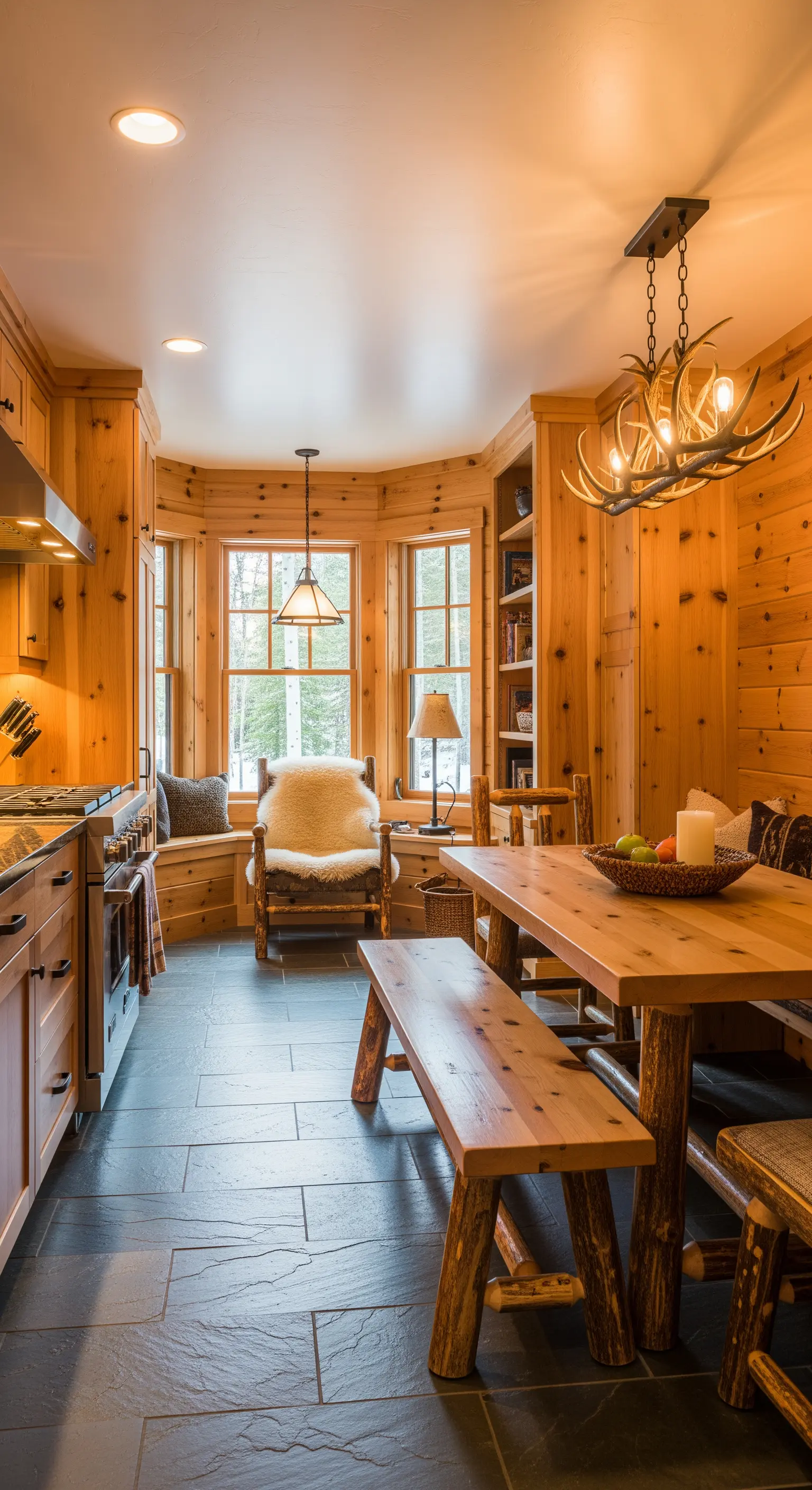 Cucina interamente rivestita in legno di pino, con tavolo rustico e angolo lettura nella bay window.