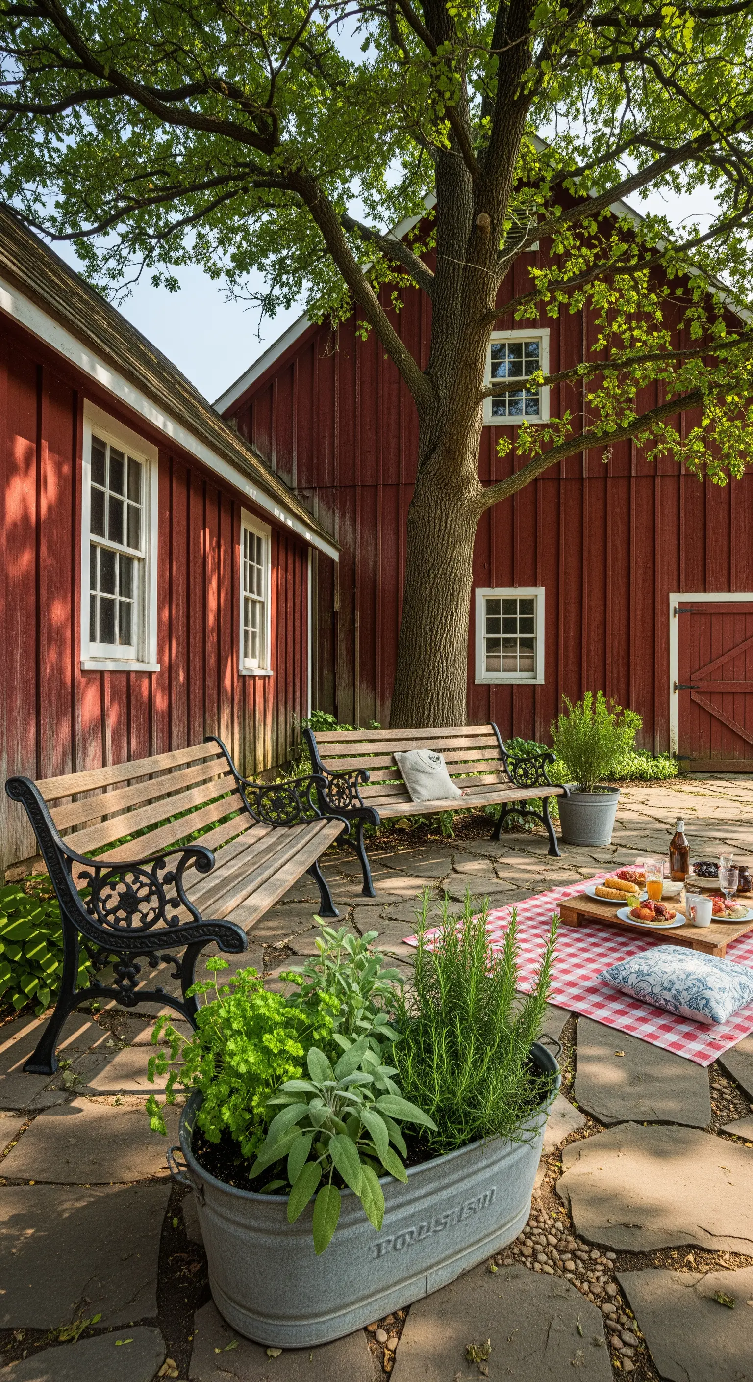 Patio rustico con panche da parco, coperta a quadri e fioriere in zinco accanto a un fienile.